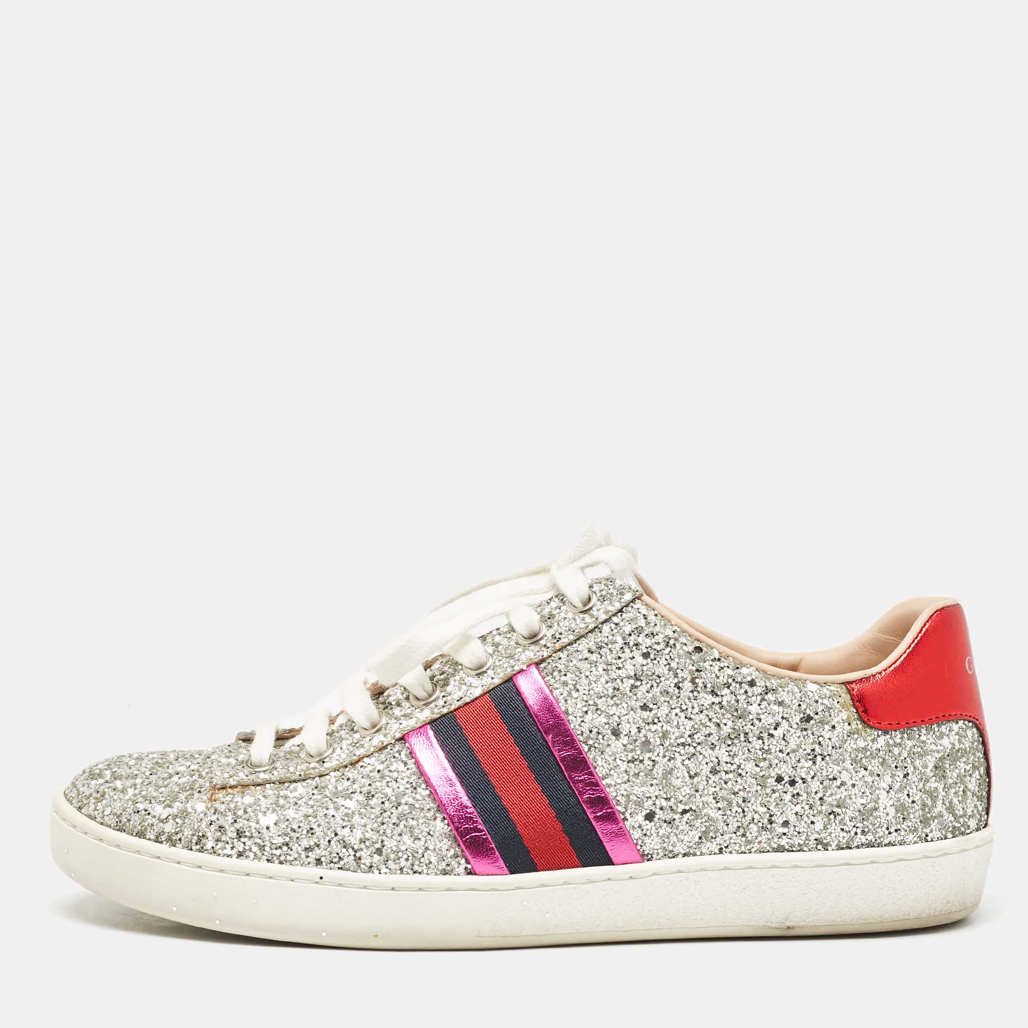 

Gucci Silver Glitter Ace Web Low Top Sneakers Size