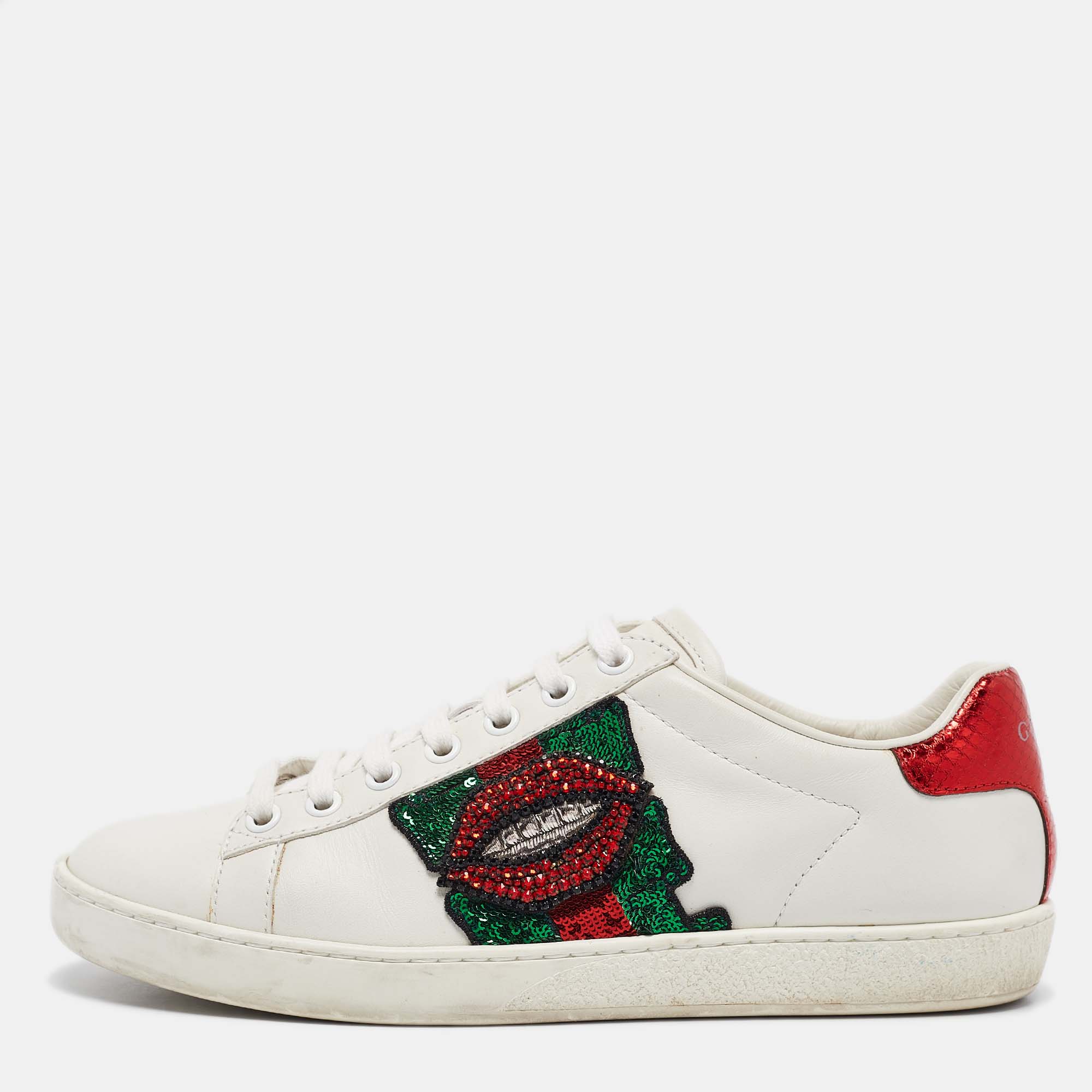 

Gucci White Leather Sequins and Crystal Lips Ace Sneakers Size