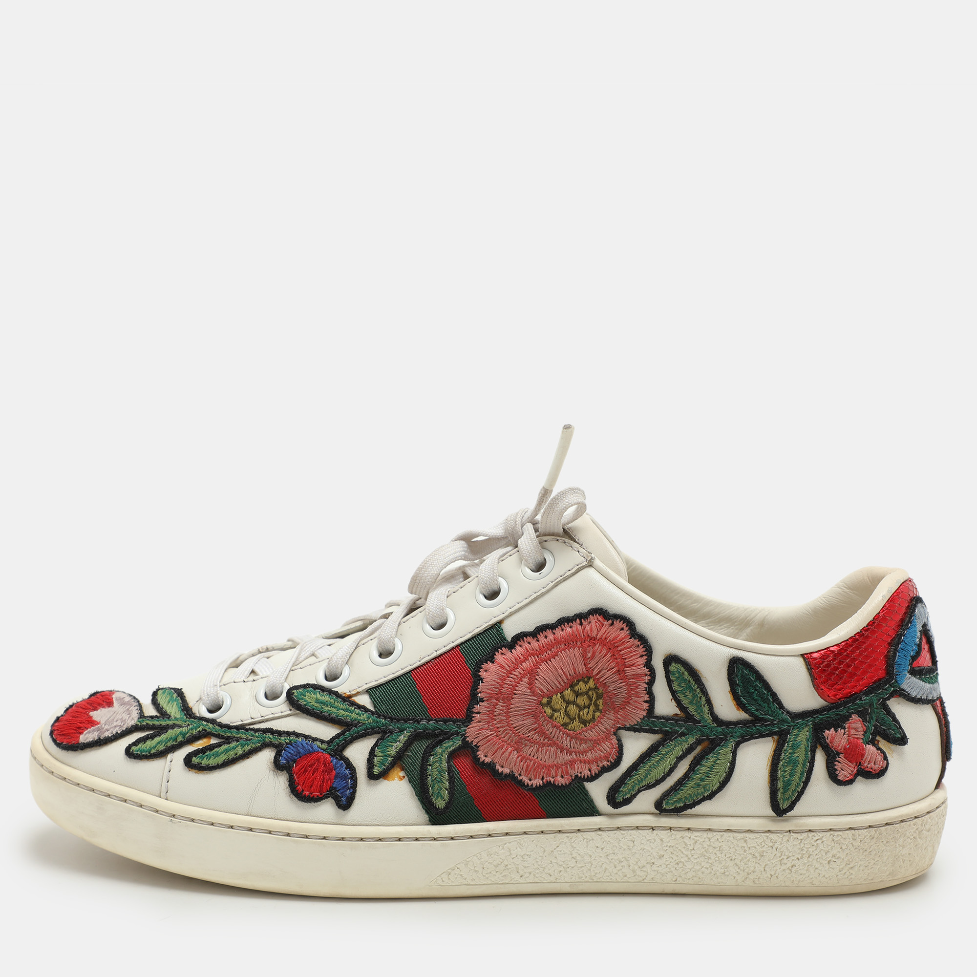 

Gucci White Leather Ace Floral-Embroidered Web Low Top Sneakers Size