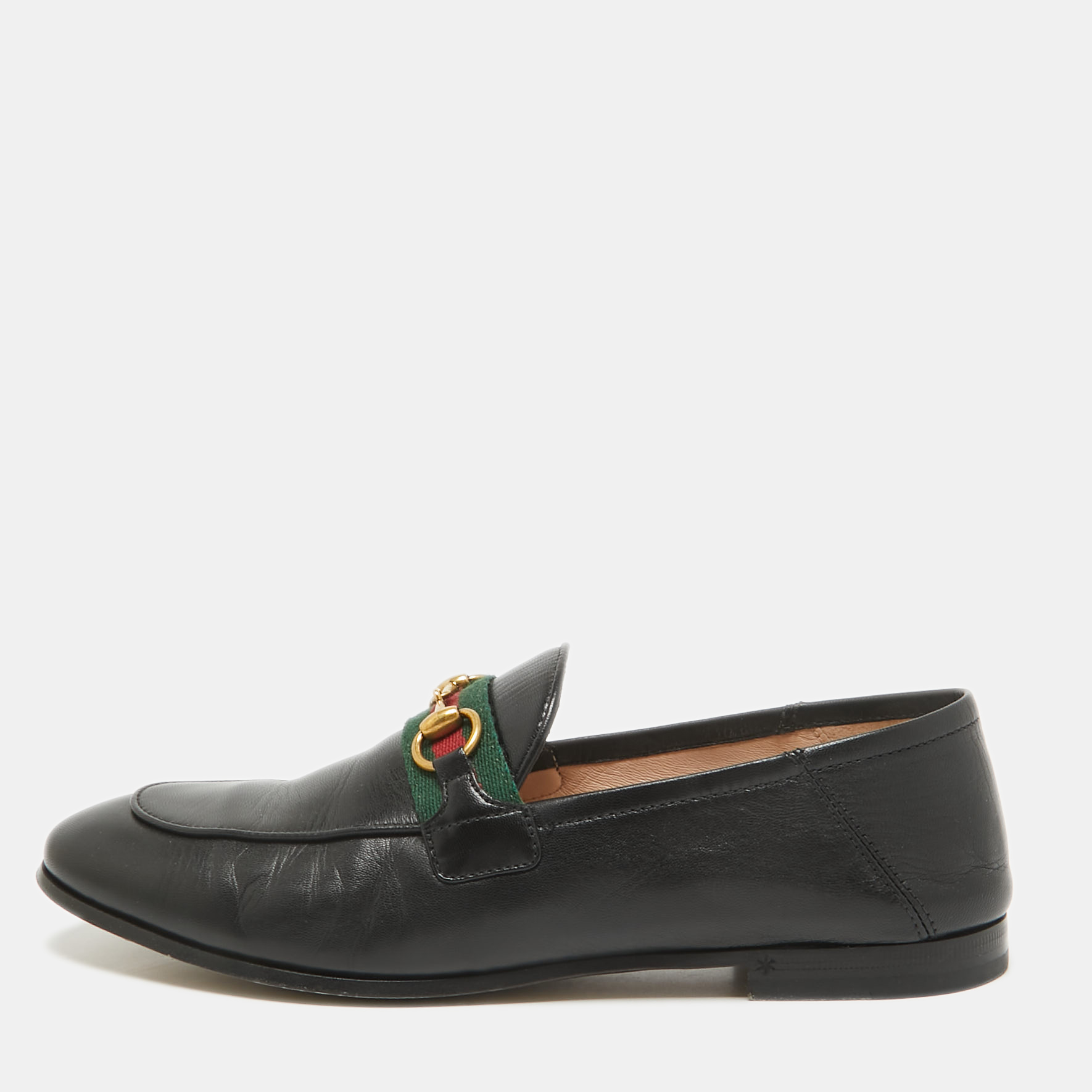 

Gucci Black Leather Web Brixton Horsebit Loafers Size