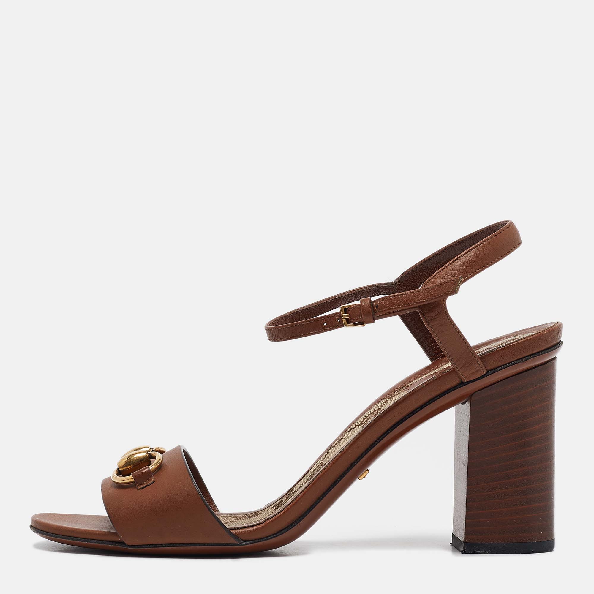 

Gucci Brown Leather Horsebit Ankle Strap Sandals Size