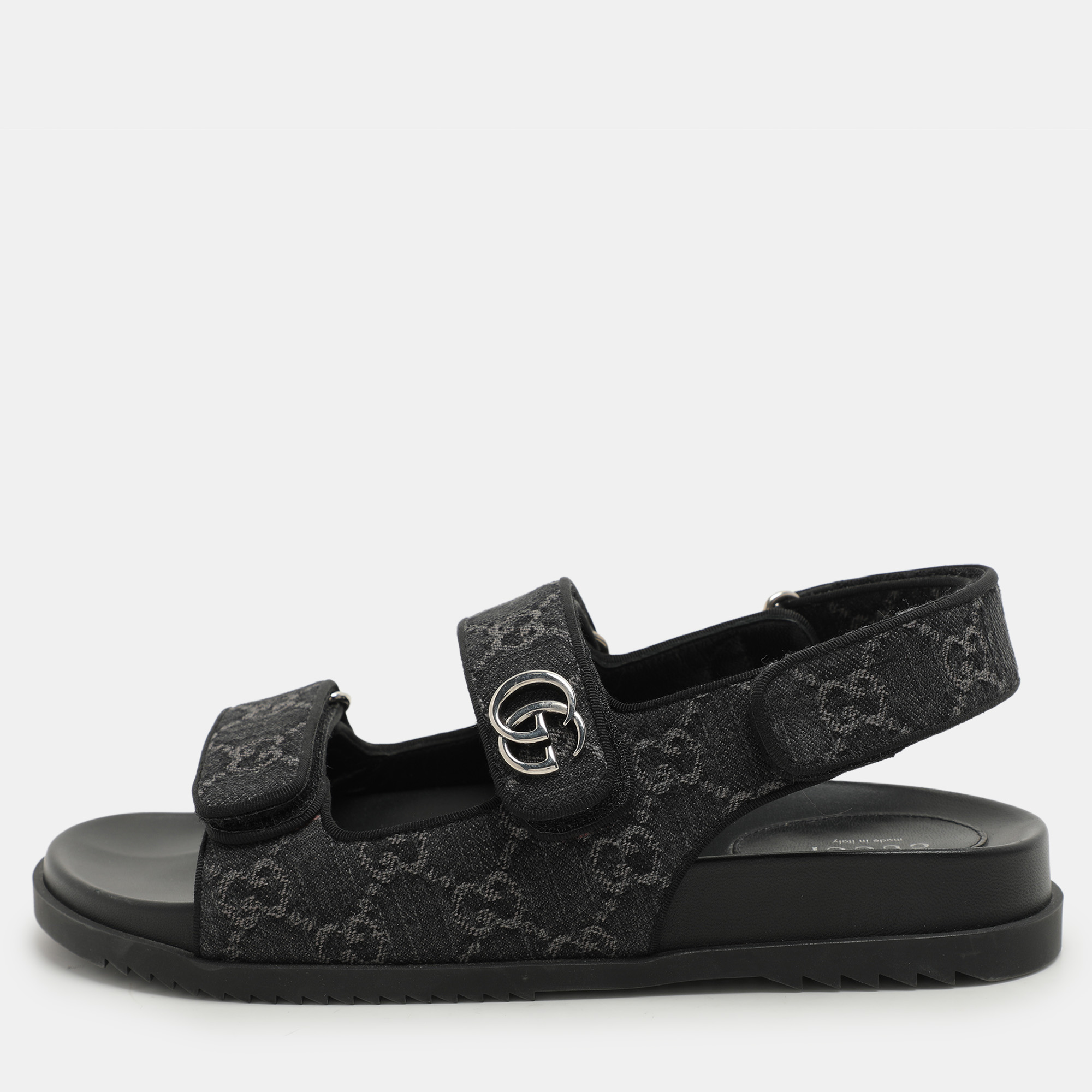 

Gucci Black GG Denim and Leather Double G Flat Sandals Size