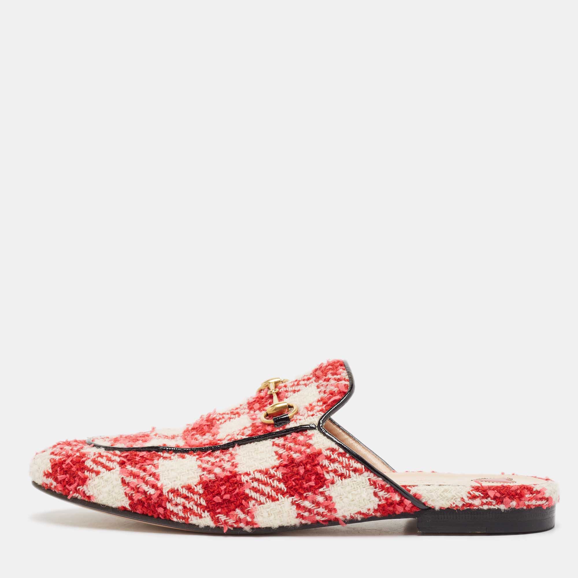 

Gucci Red/White Check Tweed Princetown Horsebit Flat Mules Size