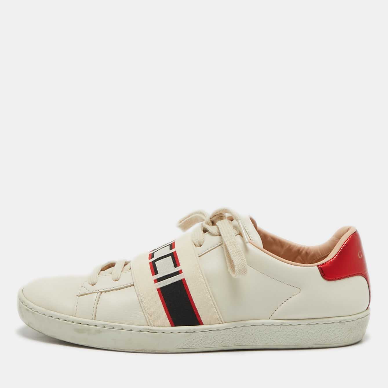 

Gucci Cream Leather Logo Band Ace Sneakers Size