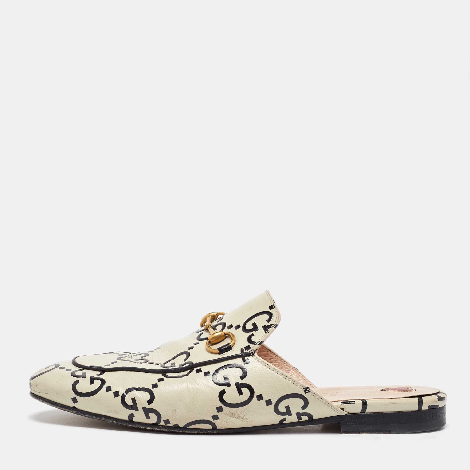 

Gucci Cream/Black Leather Ghost Princetown Flat Mules Size