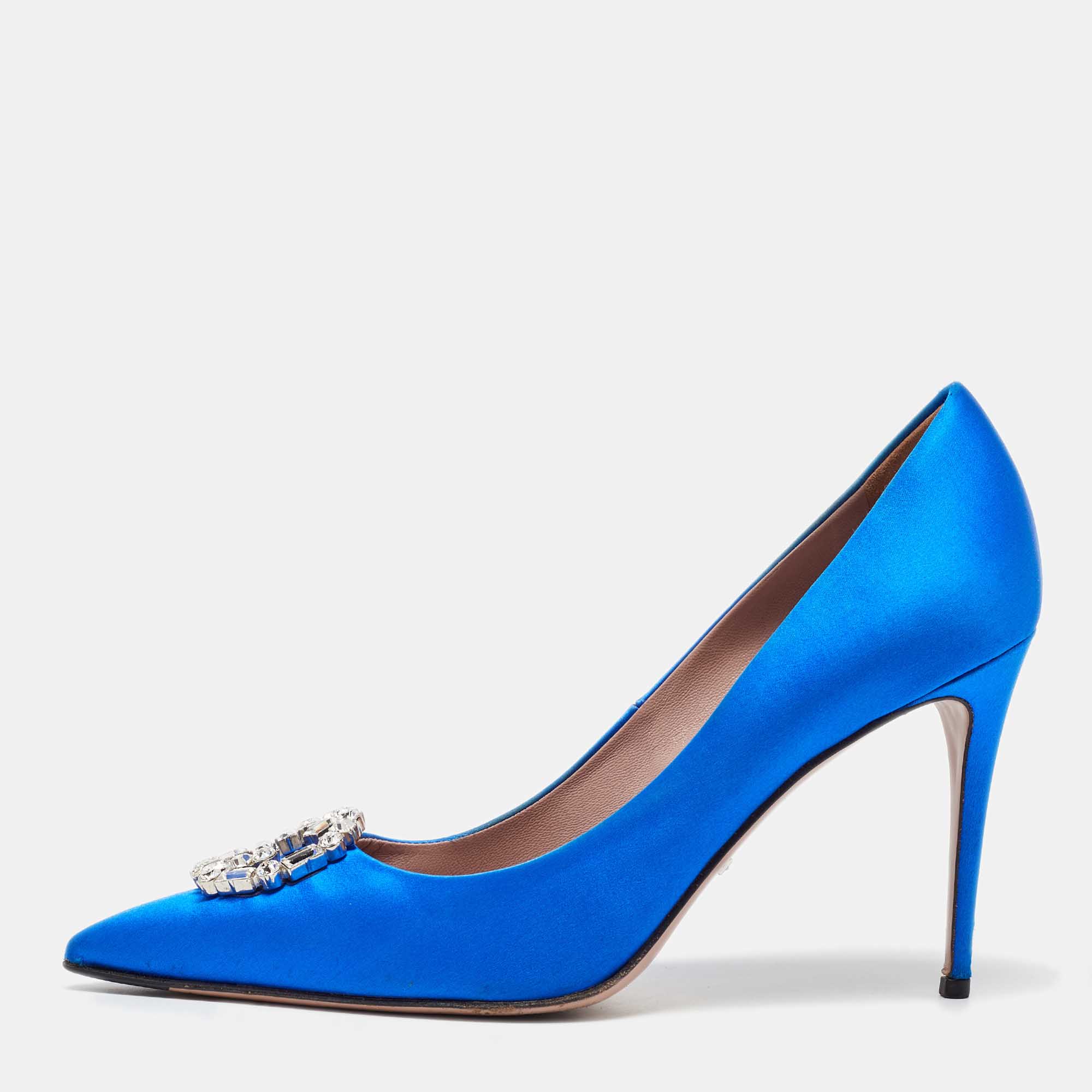 

Gucci Blue Satin Crystal Embellished Interlocking G Pumps Size