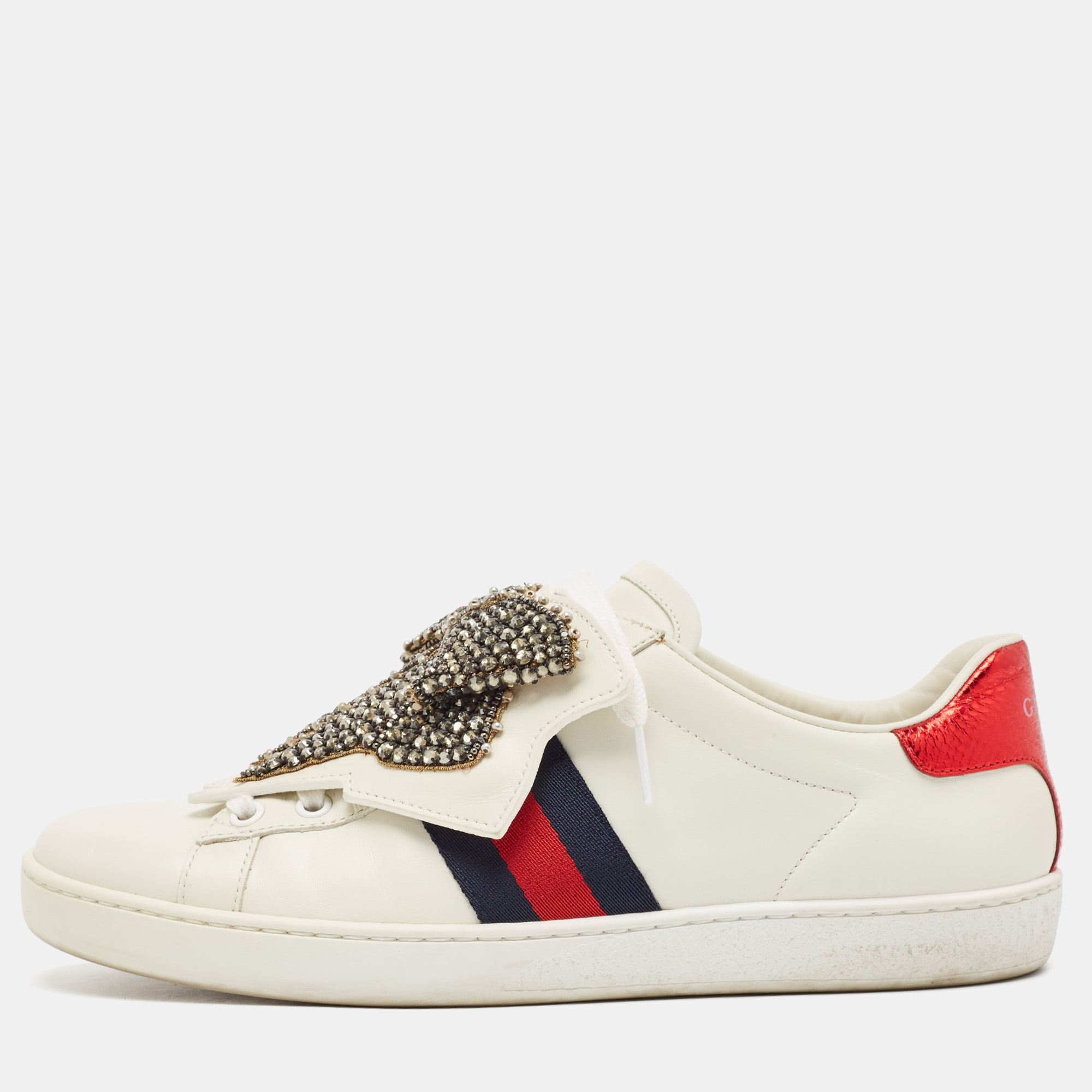 

Gucci White Leather Ace Bow Patch Sneakers Size