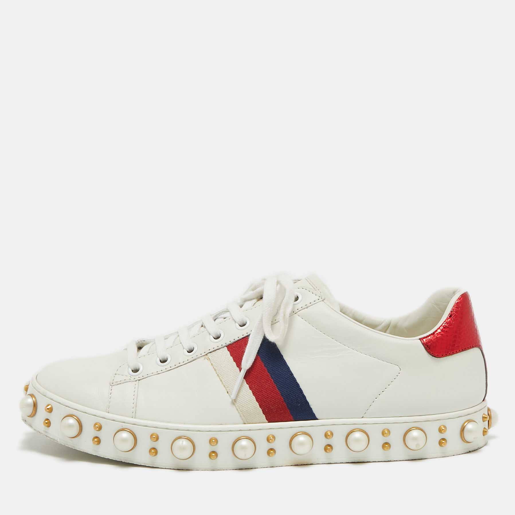 

Gucci White Leather Web Ace Low Top Sneakers Size