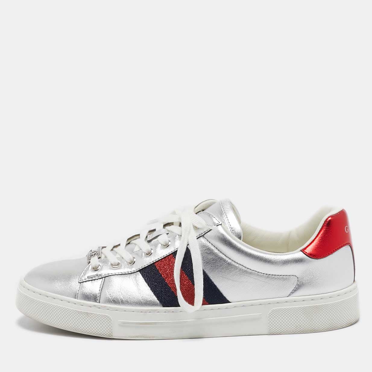 

Gucci Silver Leather Web Ace Sneakers Size