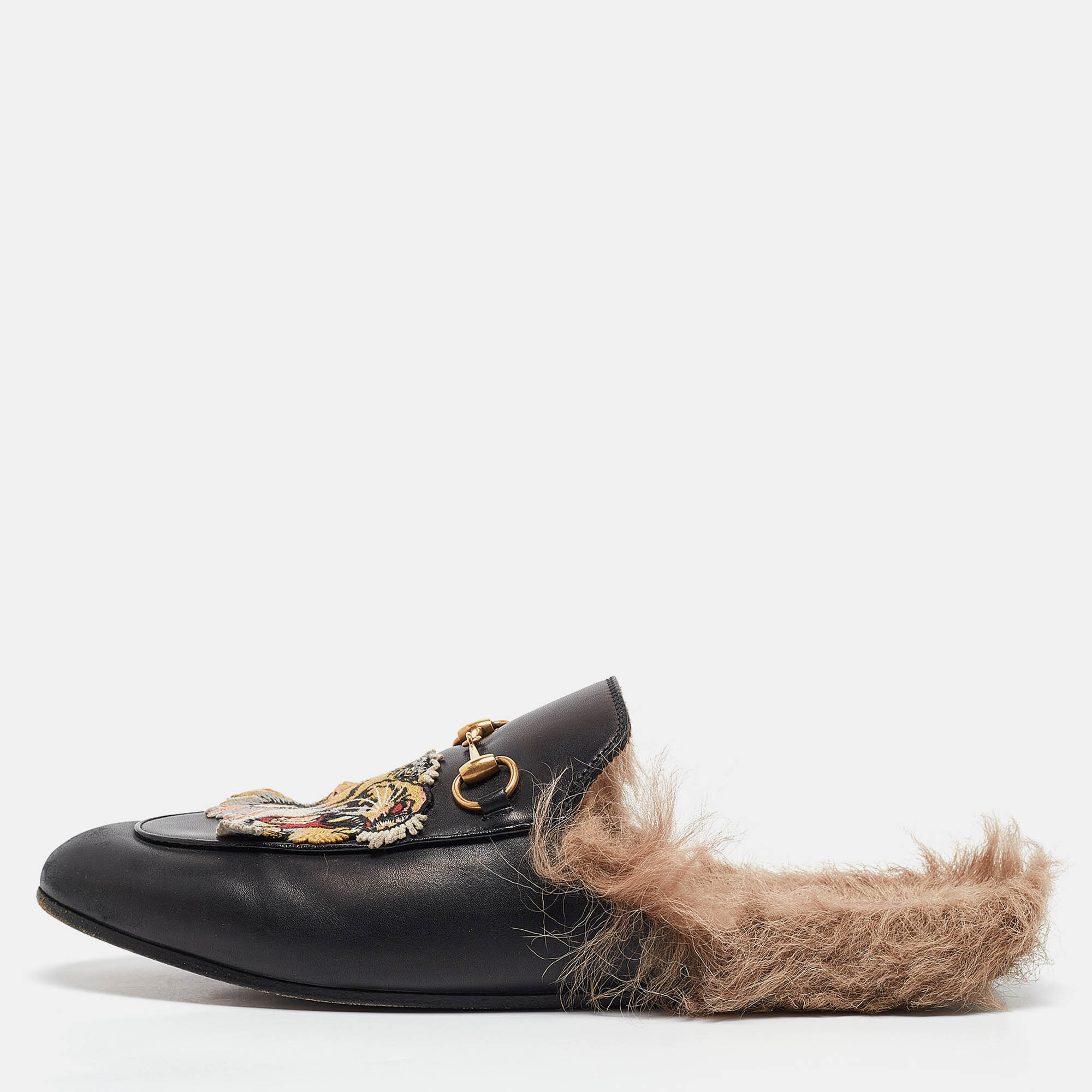 

Gucci Black Leather and Fur Tiger Embroidered Princetown Mules Size