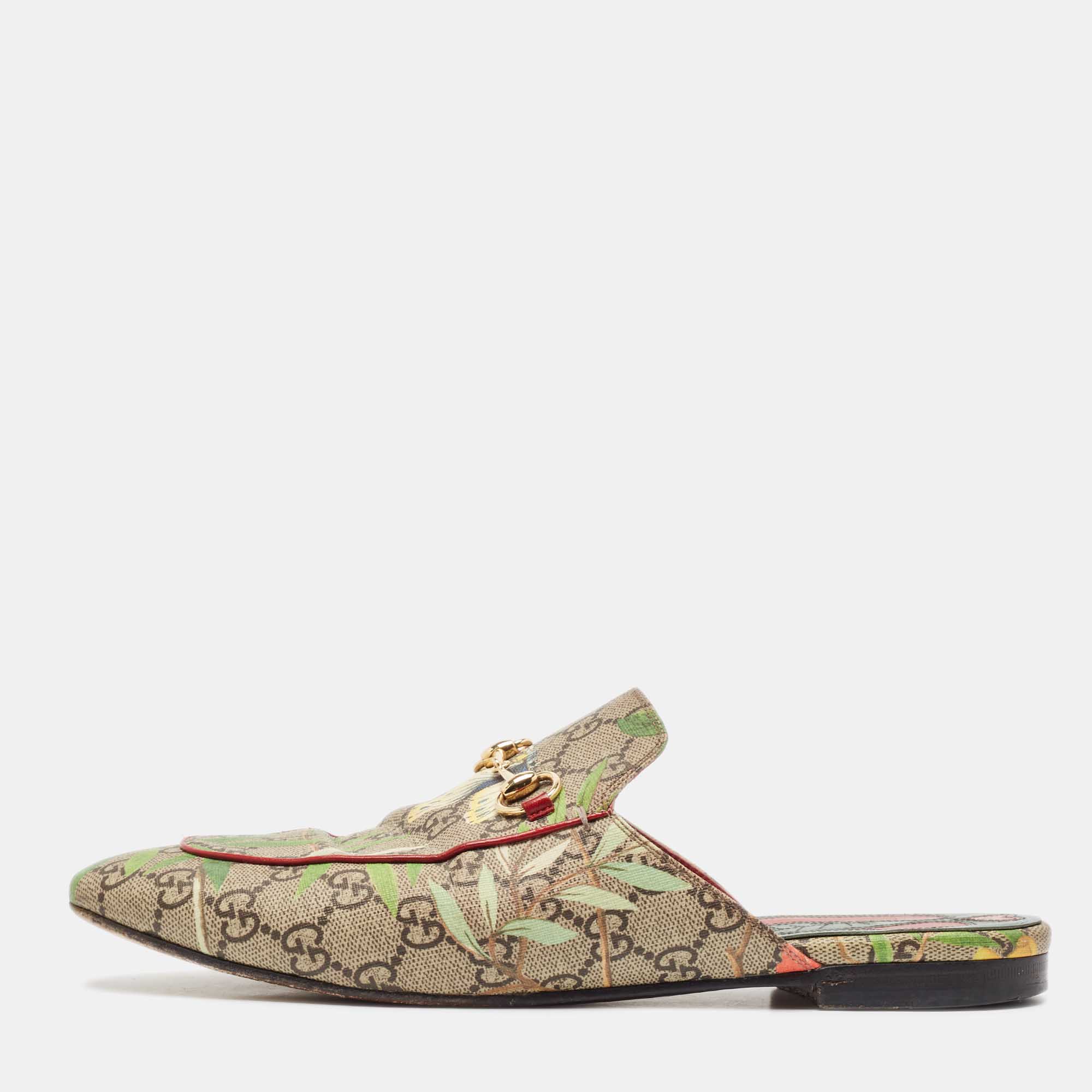 

Gucci Brown/Beige GG Supreme Canvas Tian Print Princetown Flat Mules Size