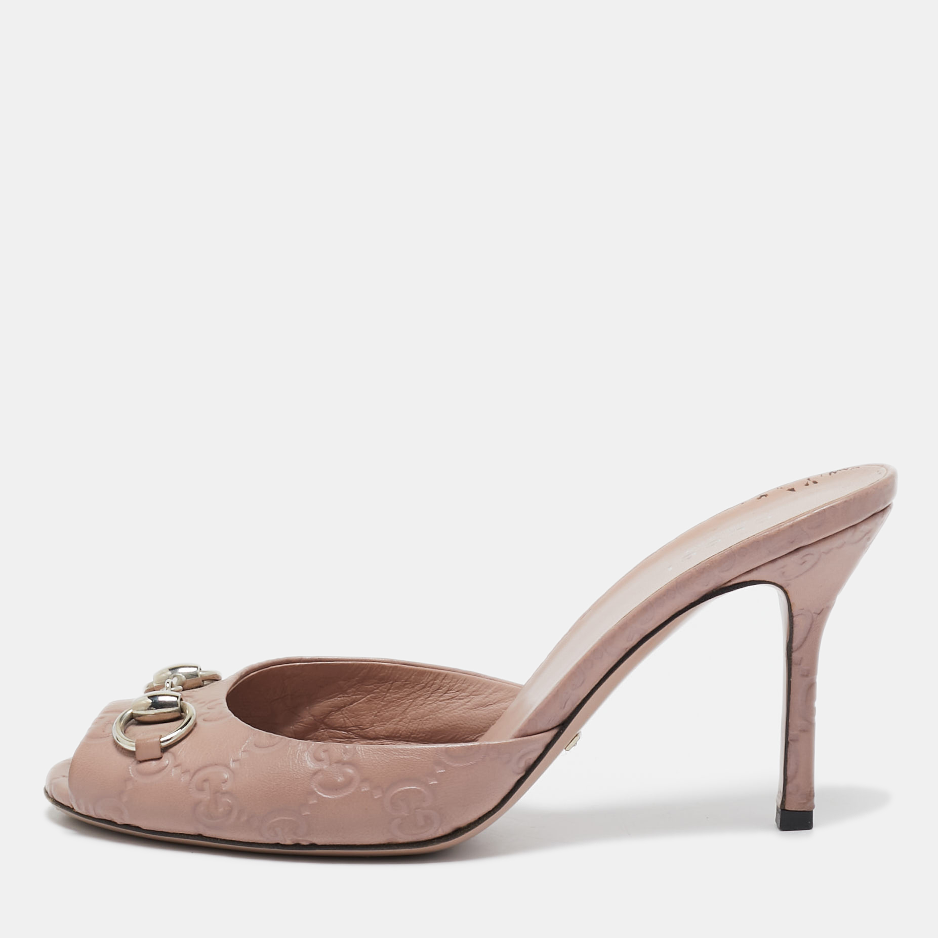 

Gucci Pale Pink Guccissima Leather Horsebit Open Toe Mules Size