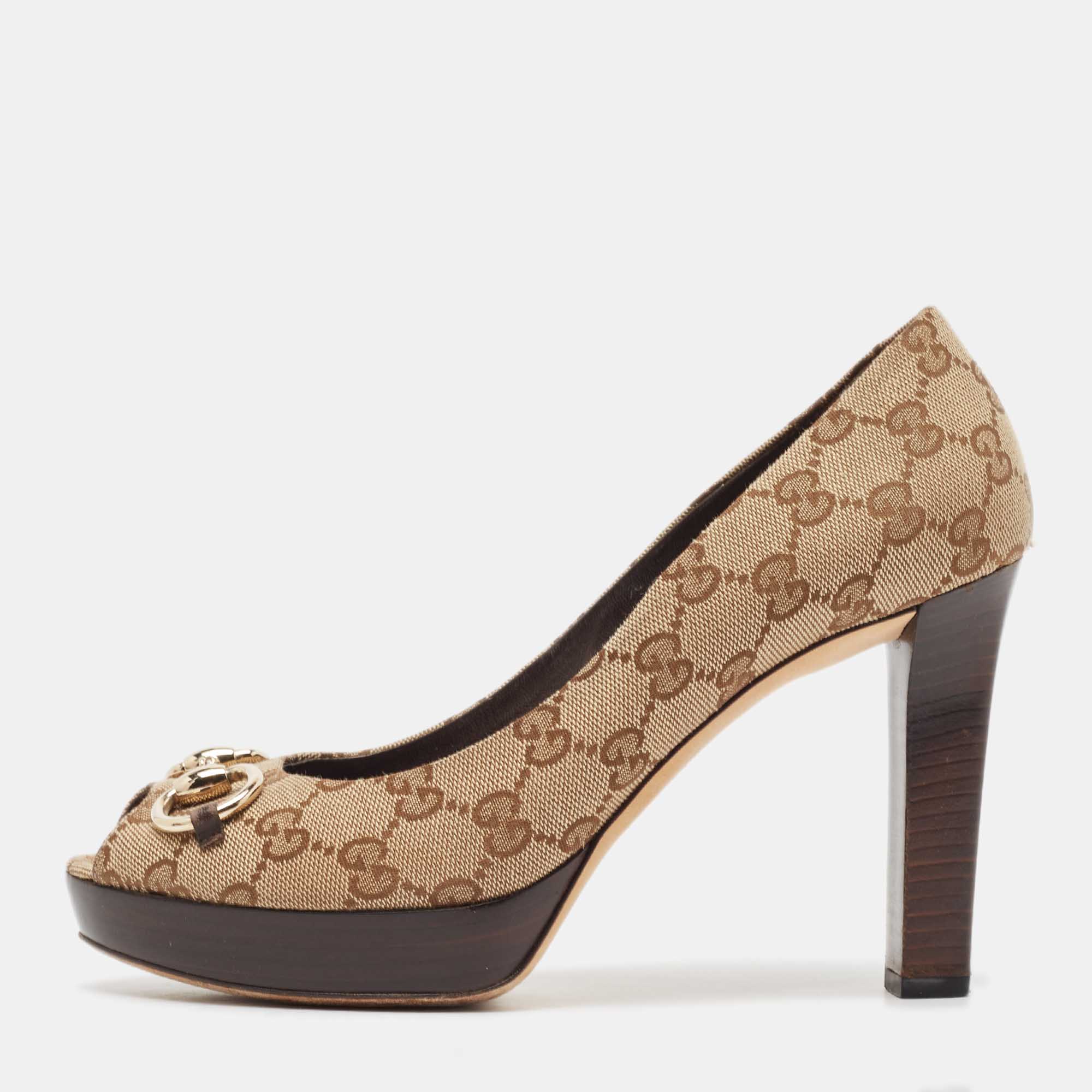 

Gucci Beige/Brown GG Canvas Horsebit Peep Toe Platform Pumps Size