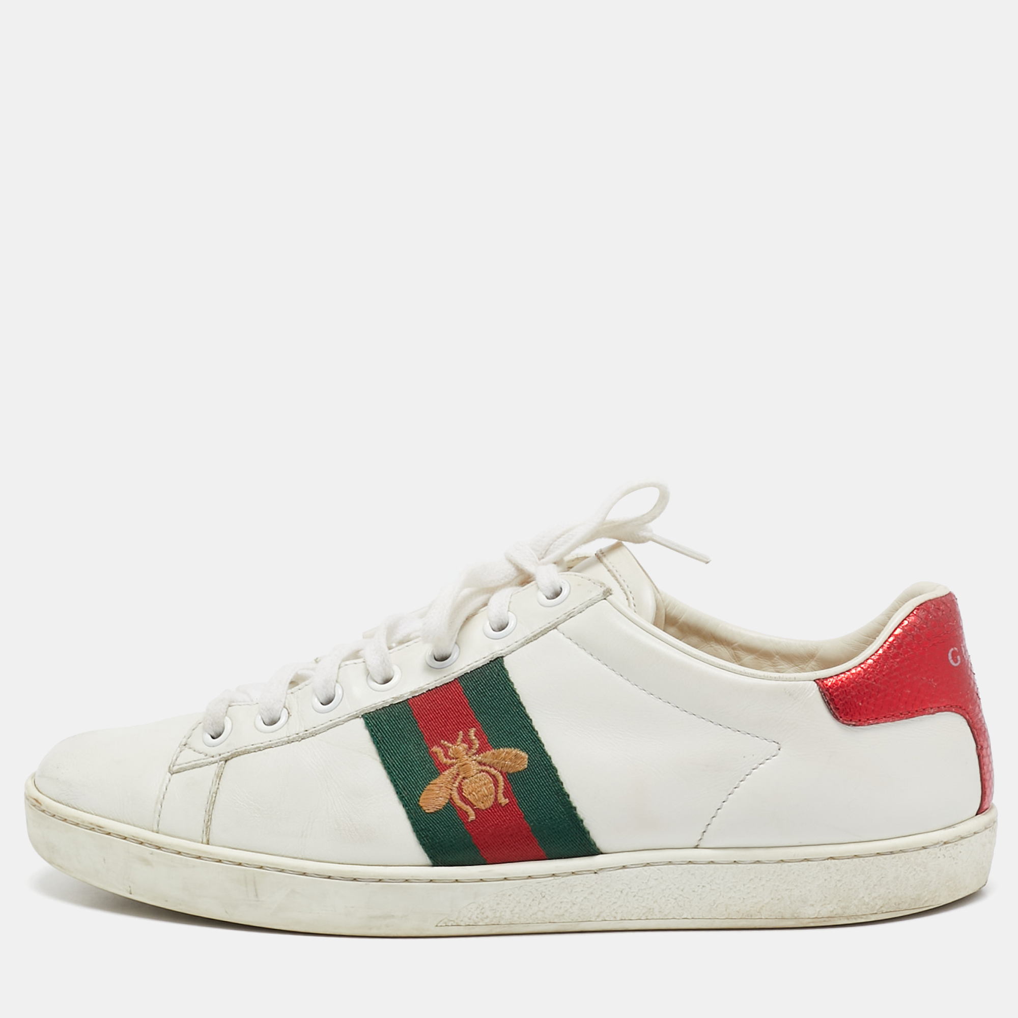 

Gucci White Leather and Snakeskin Embossed Ace Lace Up Sneakers Size