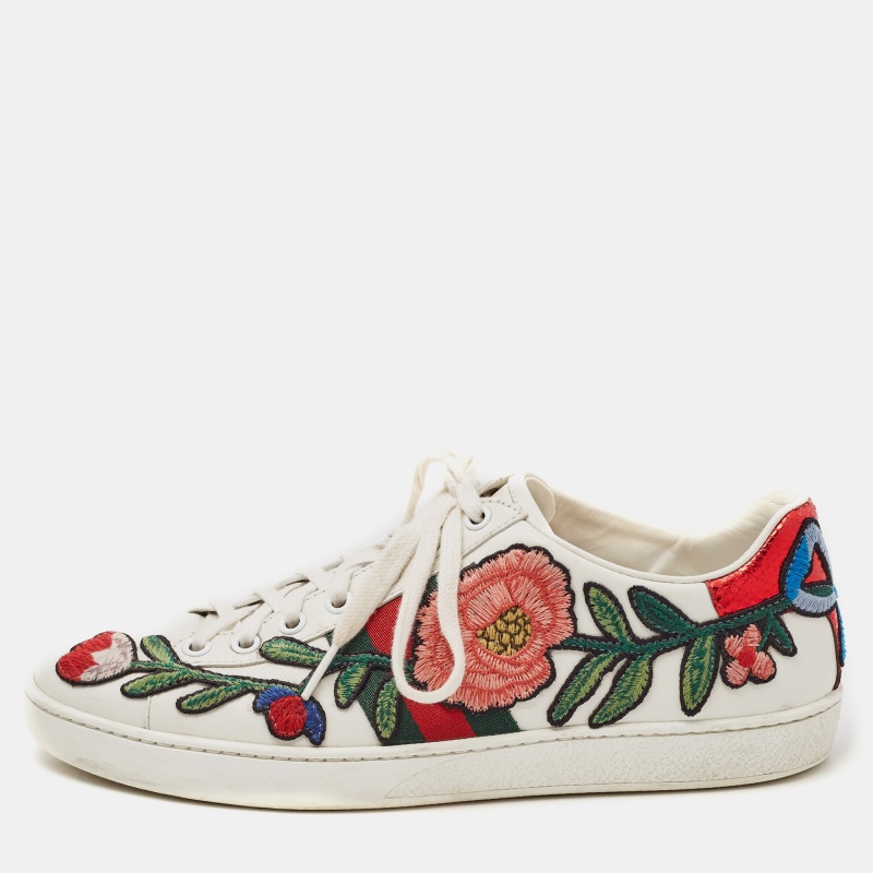 

Gucci White Leather Floral Embroidered Ace Low Top Sneakers Size