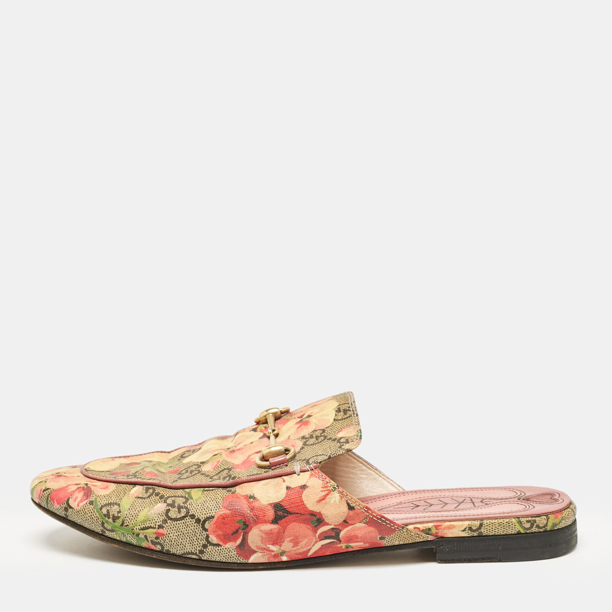 

Gucci Beige/Brown GG Supreme Canvas Blooms Print Princetown Flat Mules Size