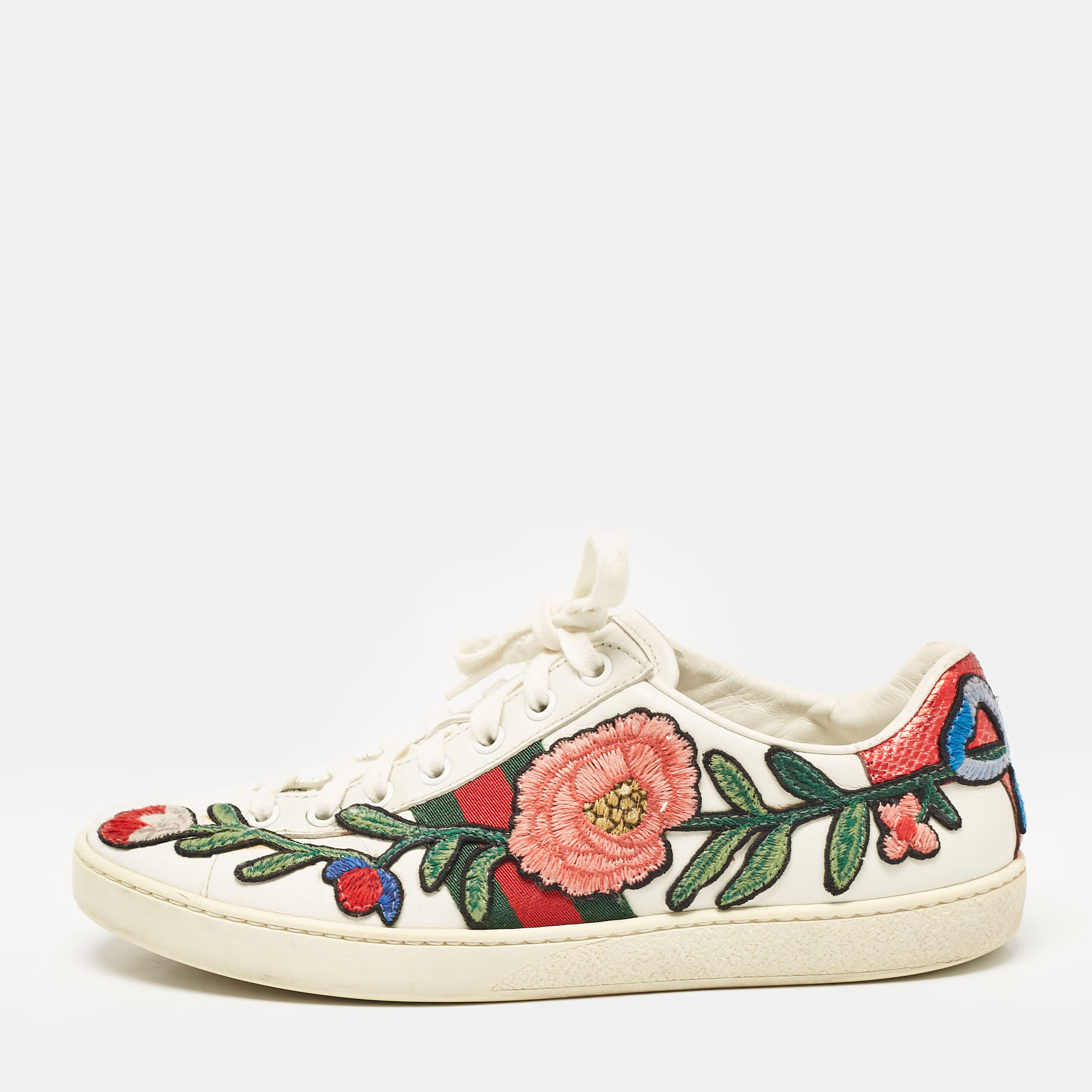 

Gucci White Leather and Python Embossed Leather Ace Lace Up Sneakers Size