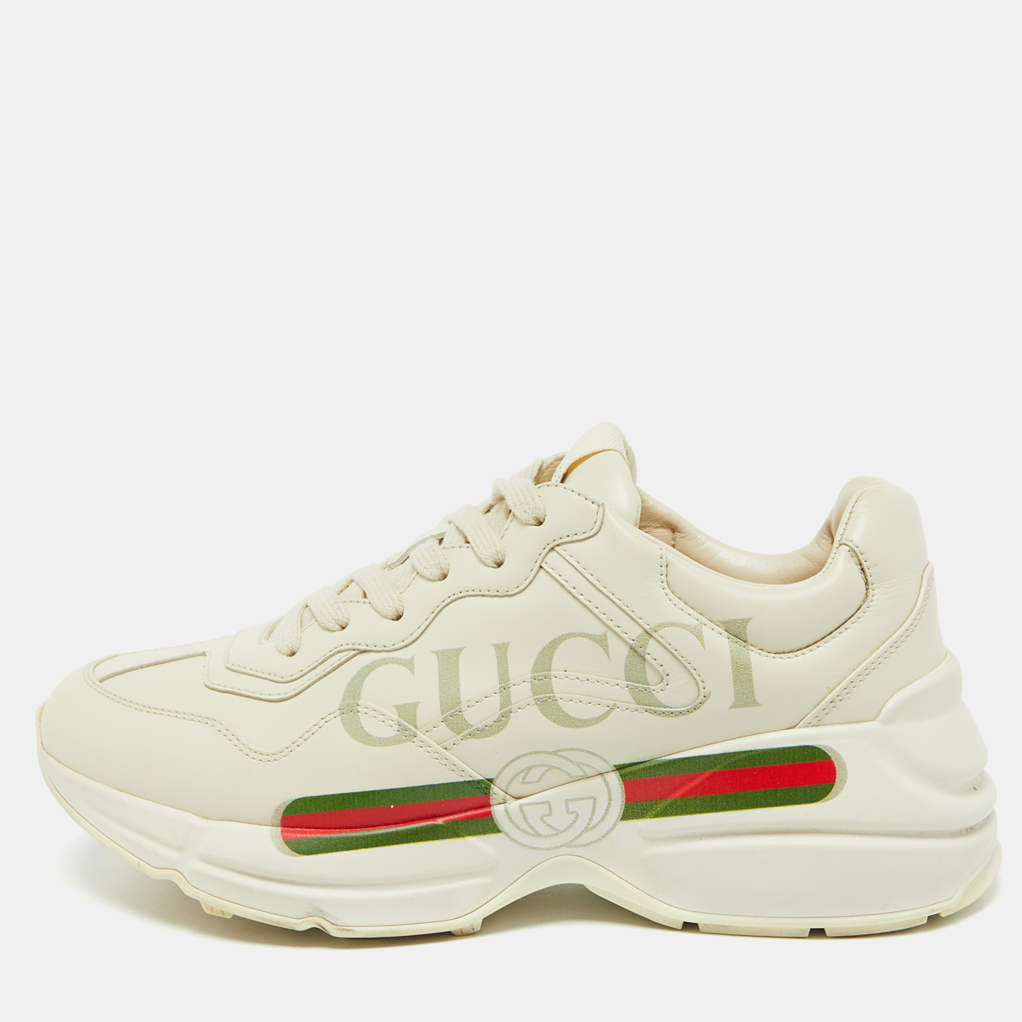 

Gucci Cream Leather Logo Rhyton Lace Up Sneakers Size