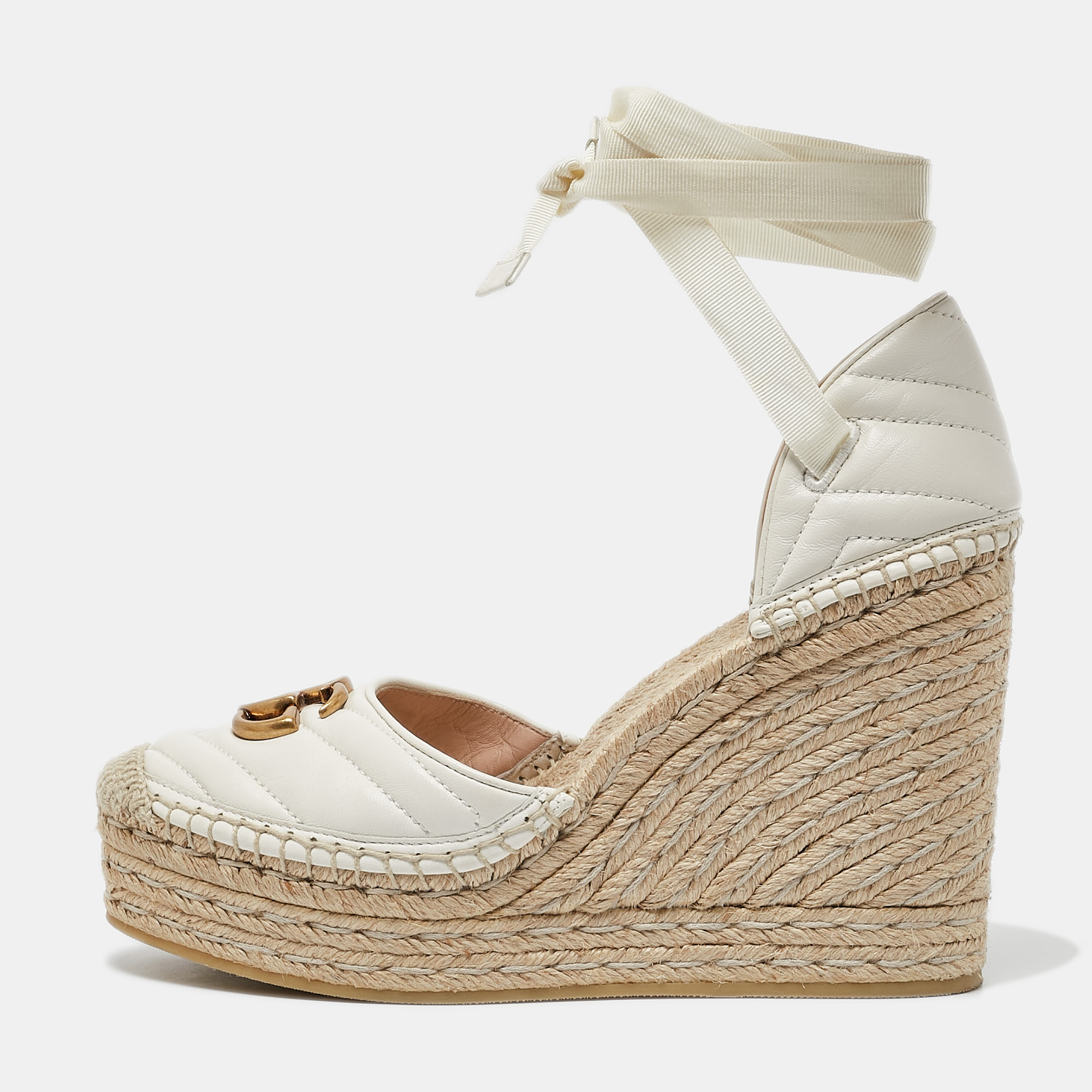 

Gucci White Leather GG Marmont Platform Wedge Espadrilles Size