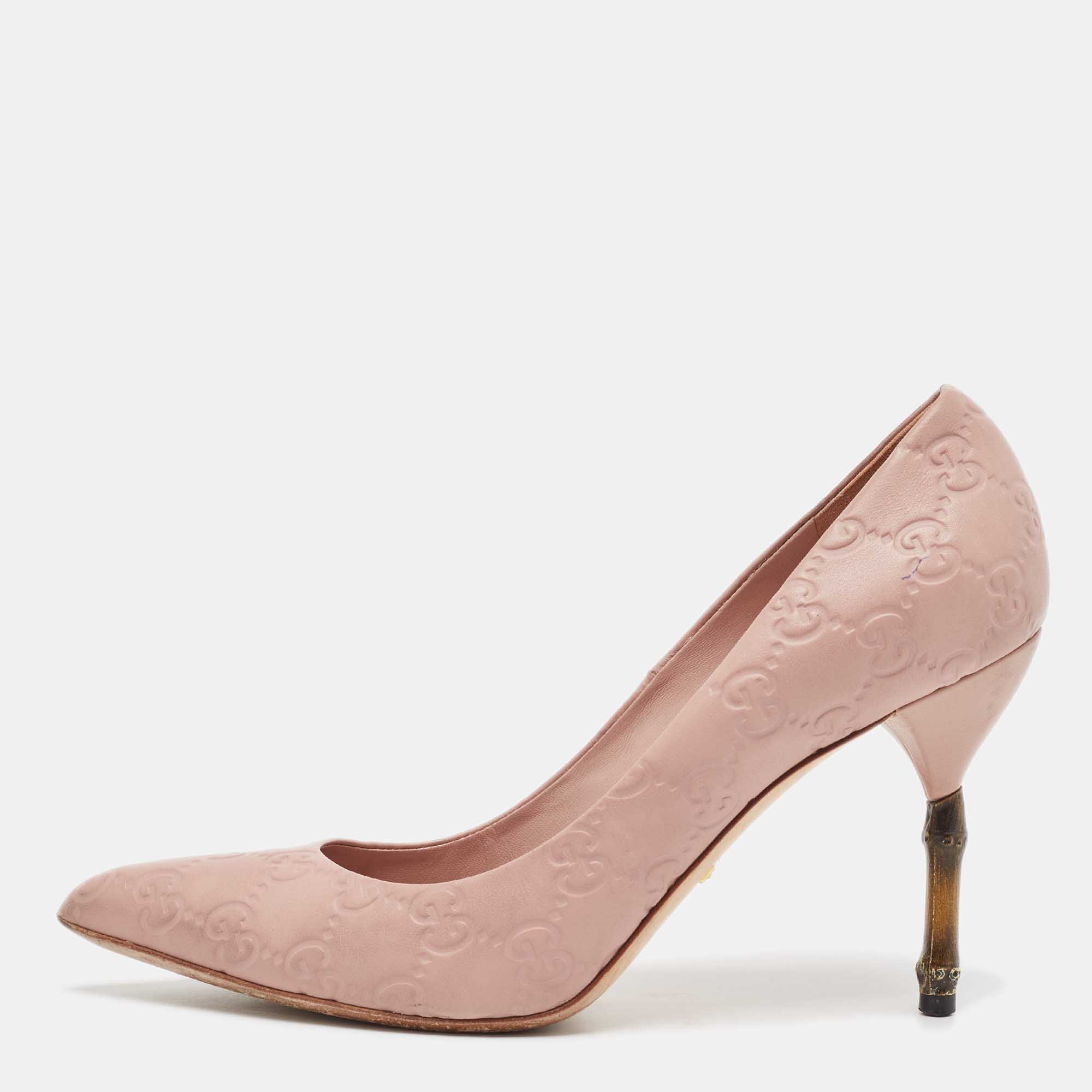 

Gucci Pale Pink Guccissima Leather Kristen Bamboo Heel Pointed Toe Pumps Size