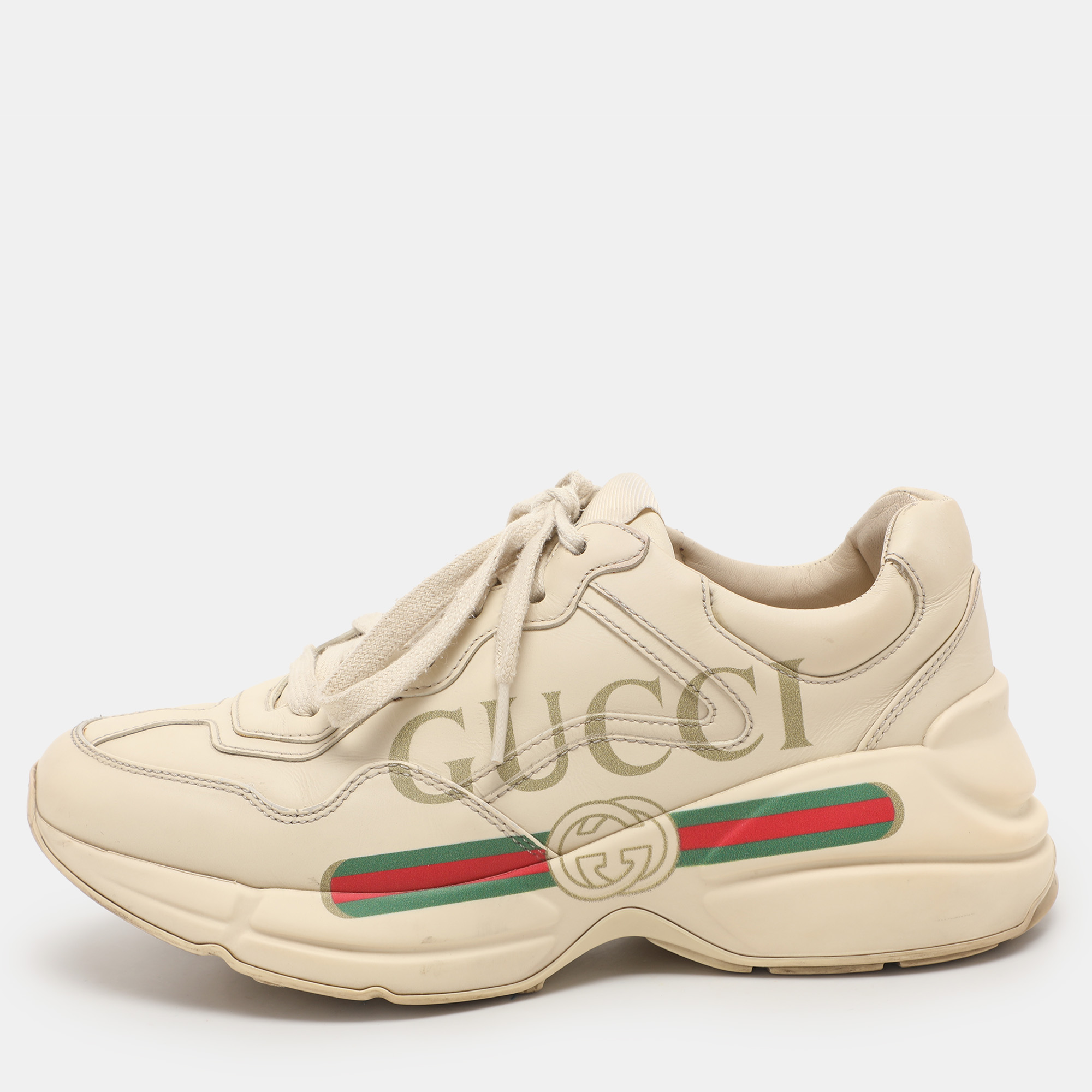 

Gucci Cream Leather Rhyton Vintage Gucci Logo Sneakers Size