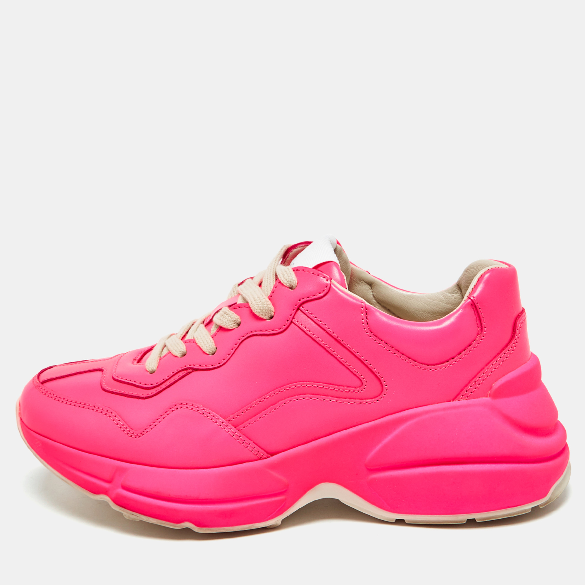 

Gucci Neon Pink Leather Rhyton Lace Up Sneakers Size