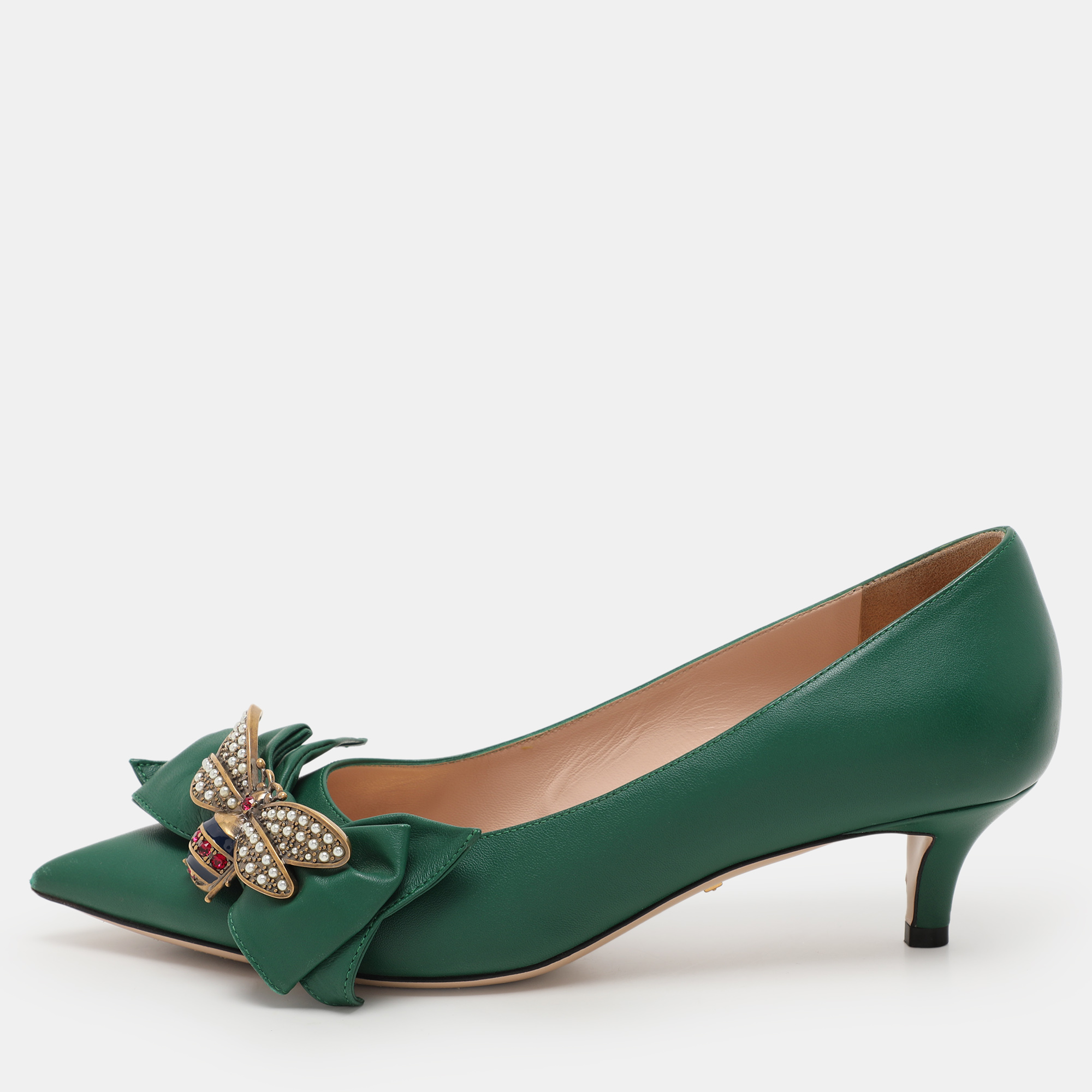 

Gucci Green Leather Bee Embellished Bow Pumps Size 39