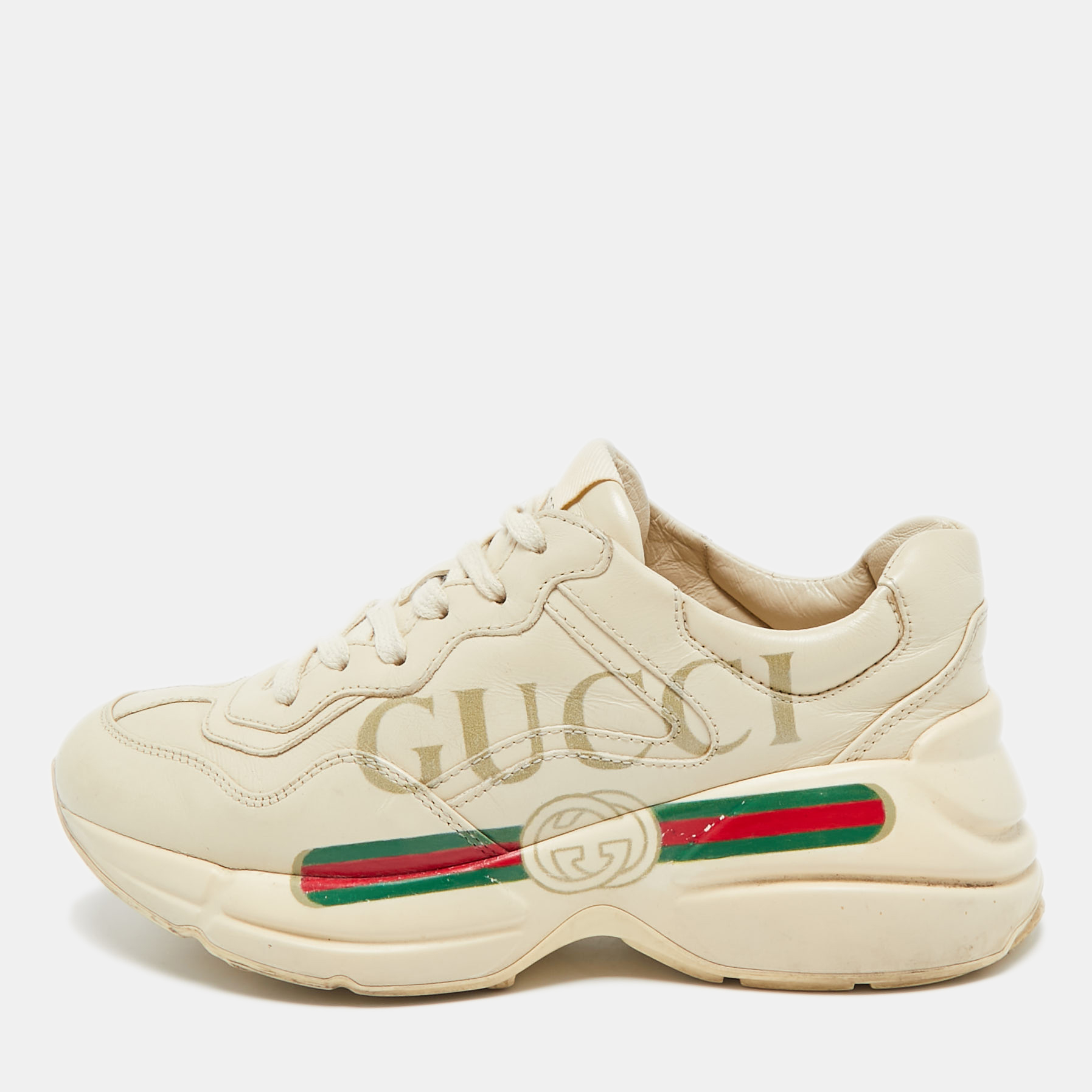 

Gucci Cream Leather Rhyton Lace Up Sneakers Size