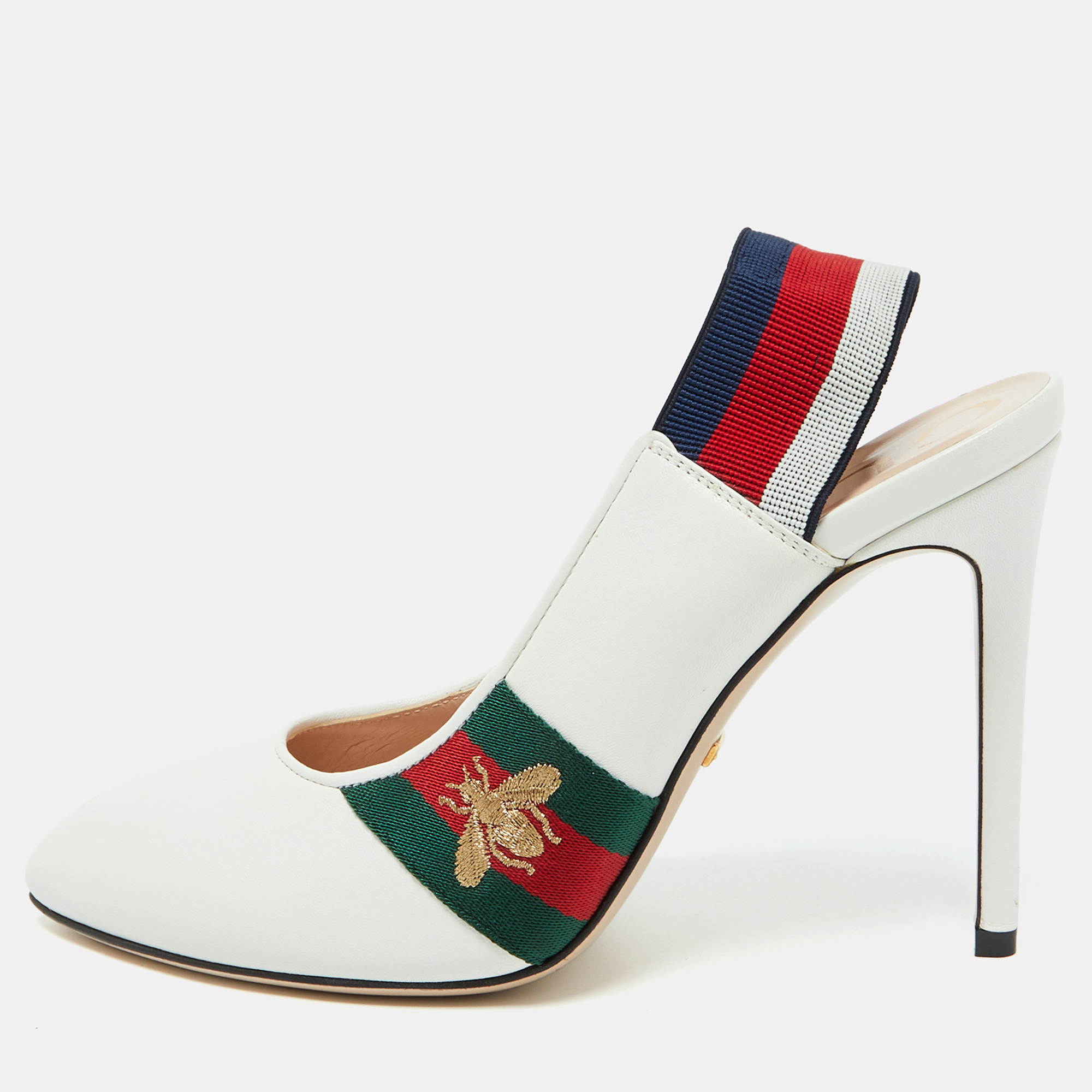 

Gucci White Leather Web Detail Sylvie Slingback Pumps Size