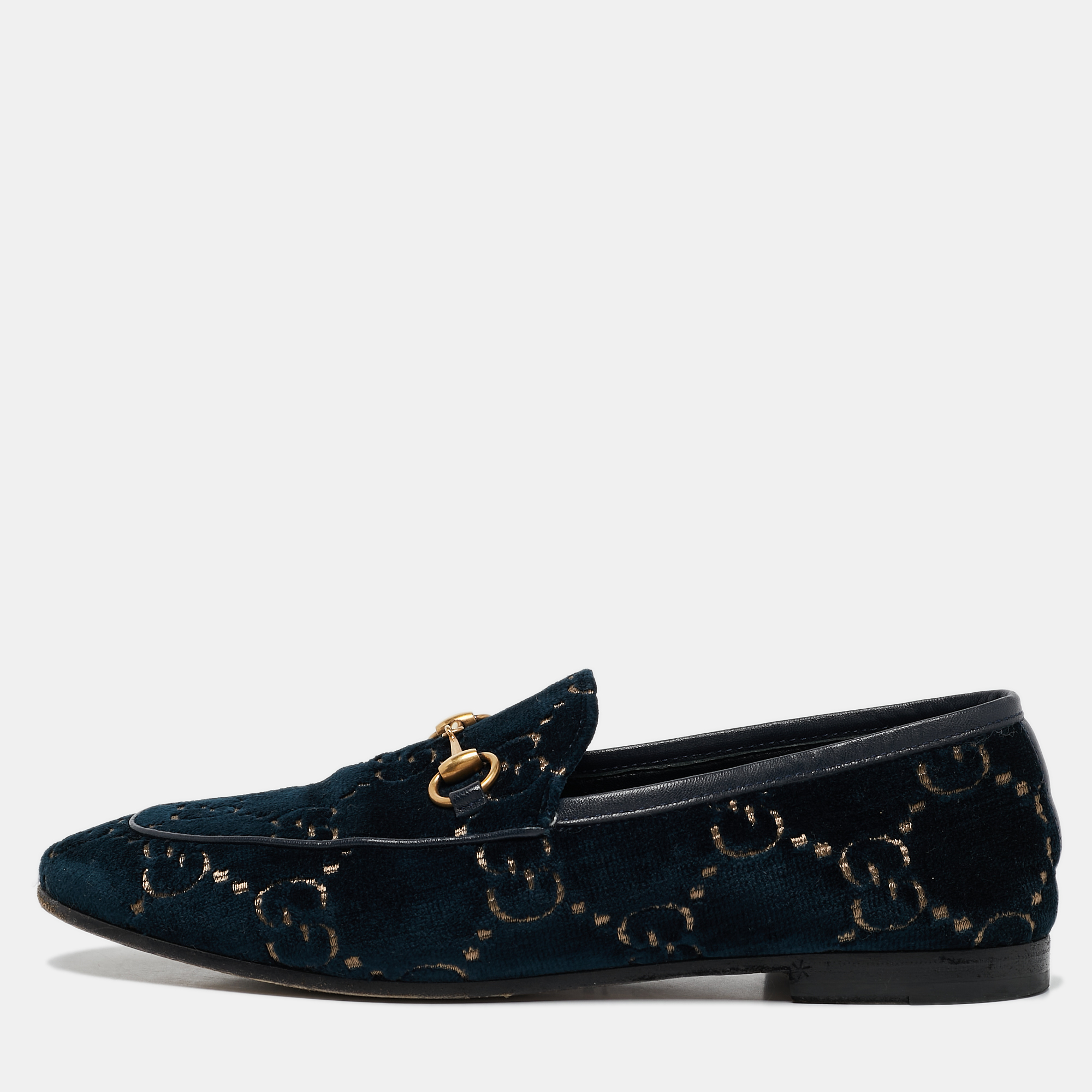 

Gucci Navy Blue GG Velvet Jordaan Loafers Size