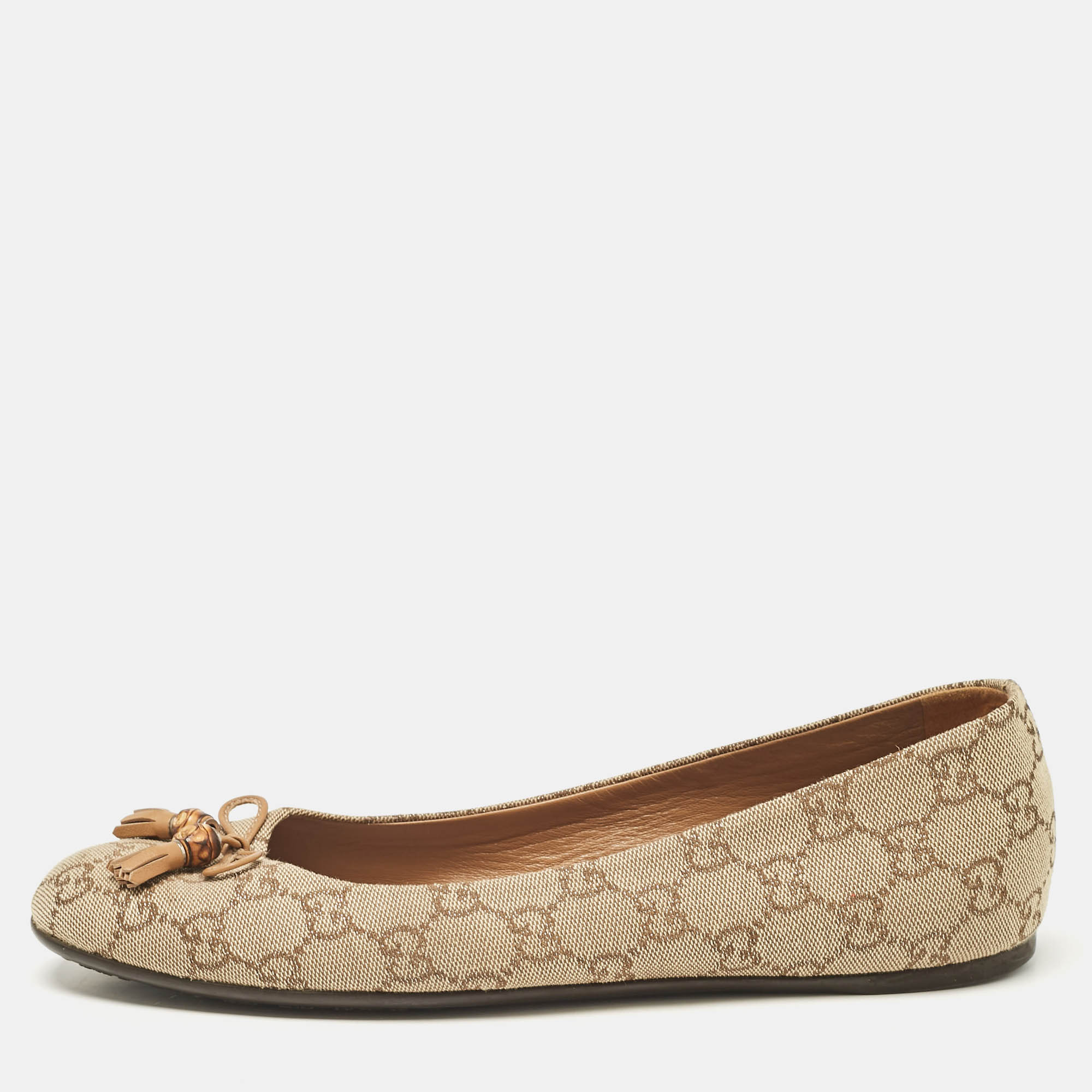 

Gucci Brown/Beige GG Canvas Bamboo Tassel Bow Ballet Flats Size