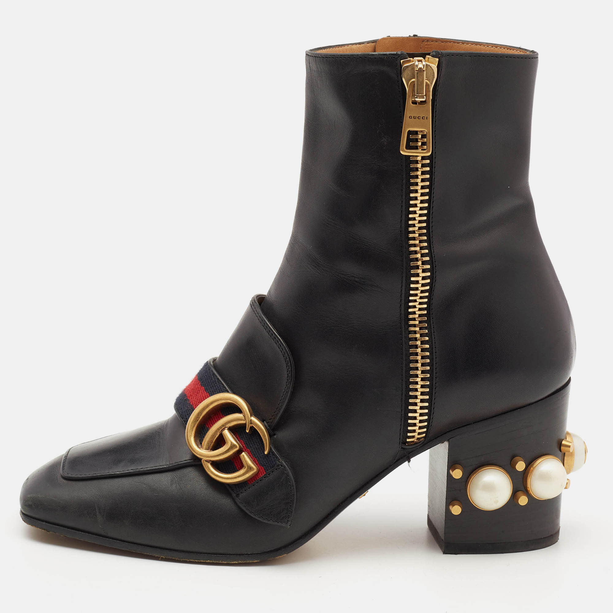 

Gucci Black Leather Web Ankle Length Boots Size