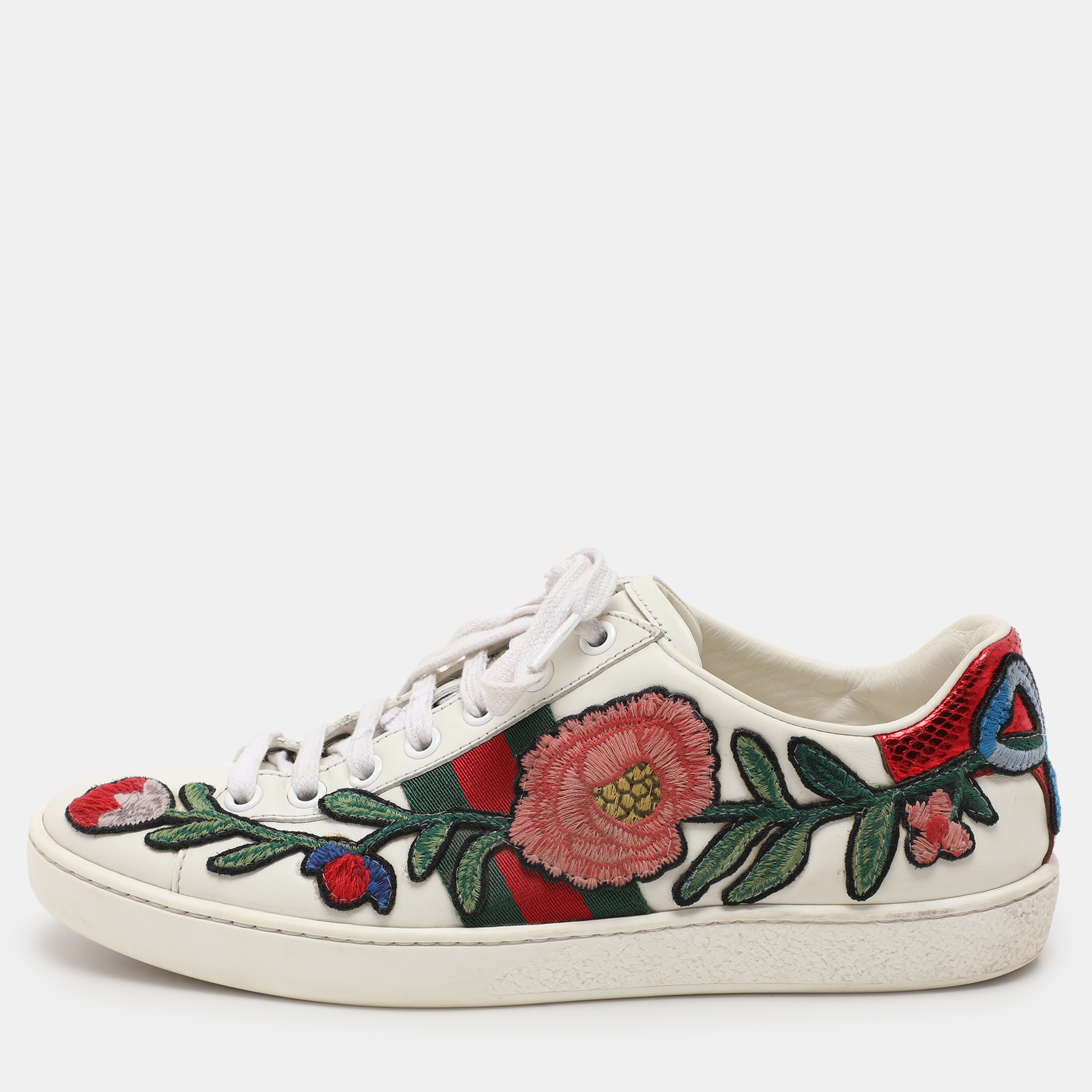 

Gucci White Leather Ace Floral-Embroidered Web Low Top Sneakers Size