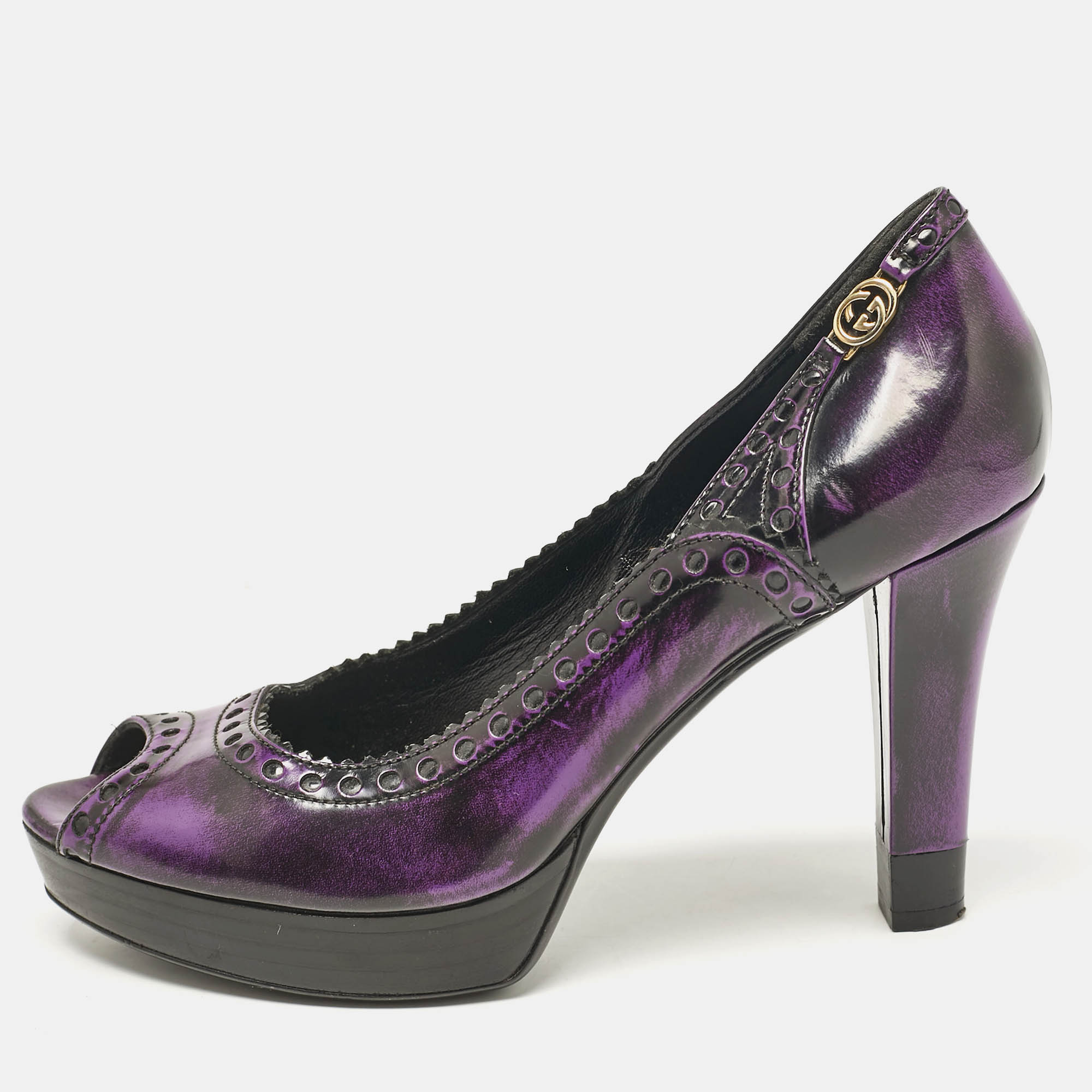 

Gucci Purple/Black Leather Brogue Peep Toe Platform Pumps Size