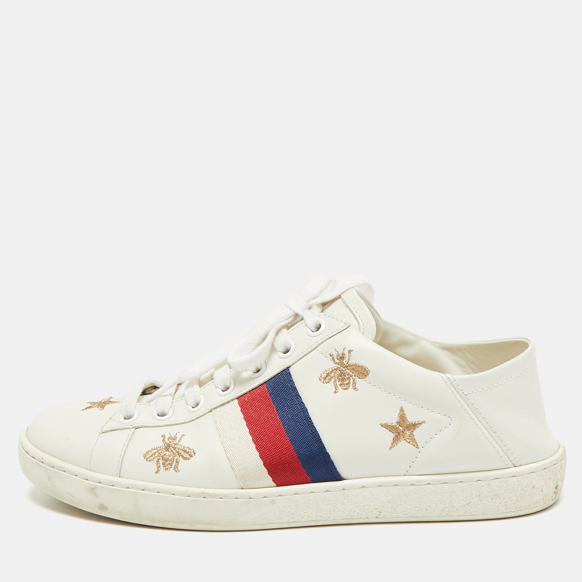 

Gucci White Leather Star and Bee Embroidered Ace Sneakers Size