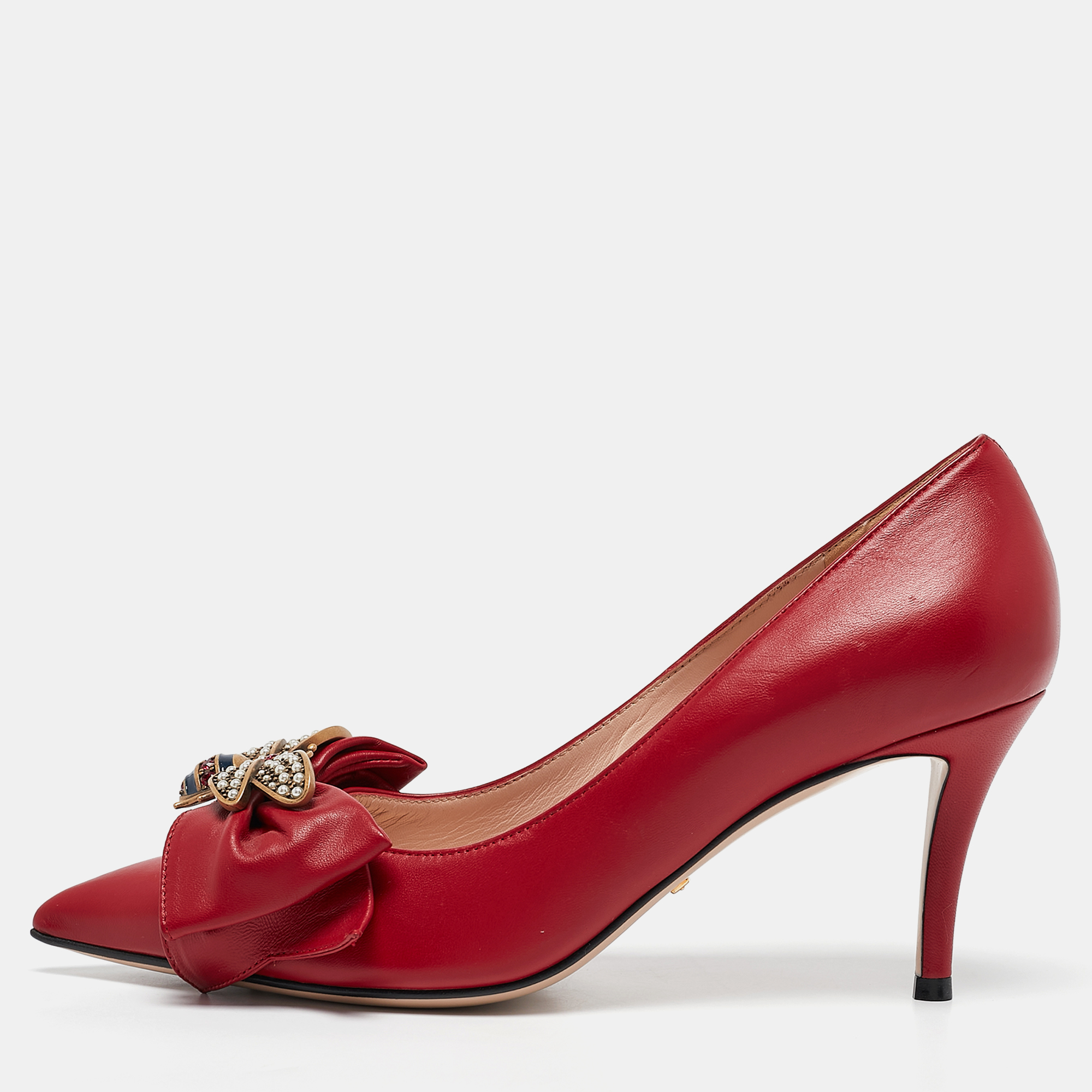 

Gucci Red Leather Queen Margaret Bee Bow Pointed Toe Pumps Size