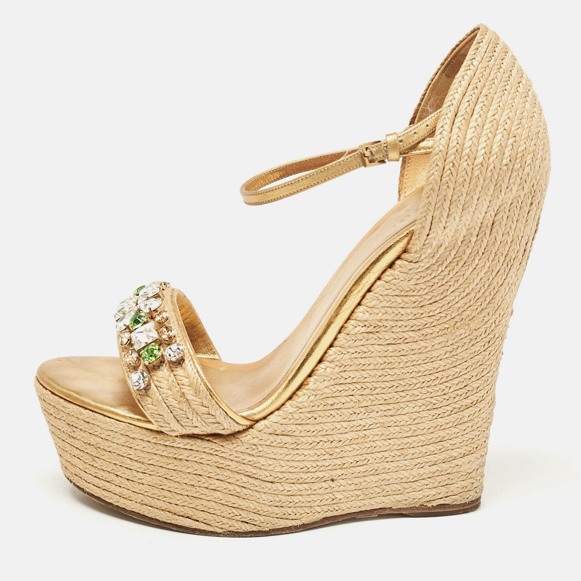 

Gucci Beige/Gold Jute and Leather Crystal Embellished Wedge Sandals Size