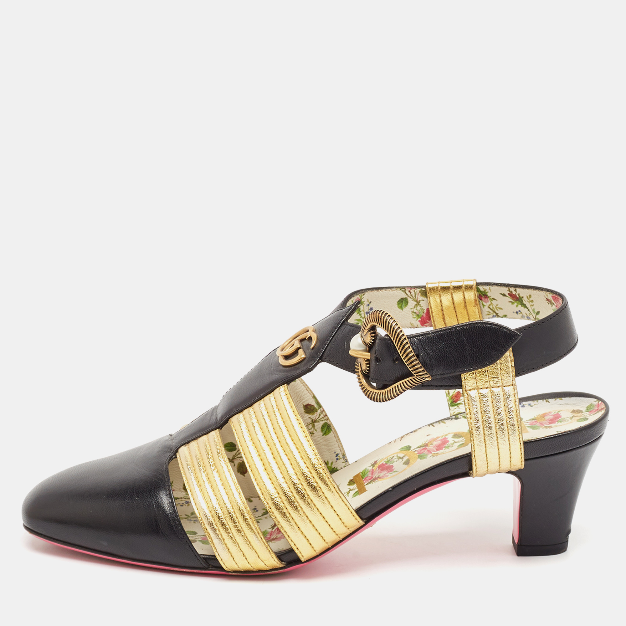 

Gucci Black/Gold Leather GG Gea Slingback Pumps Size