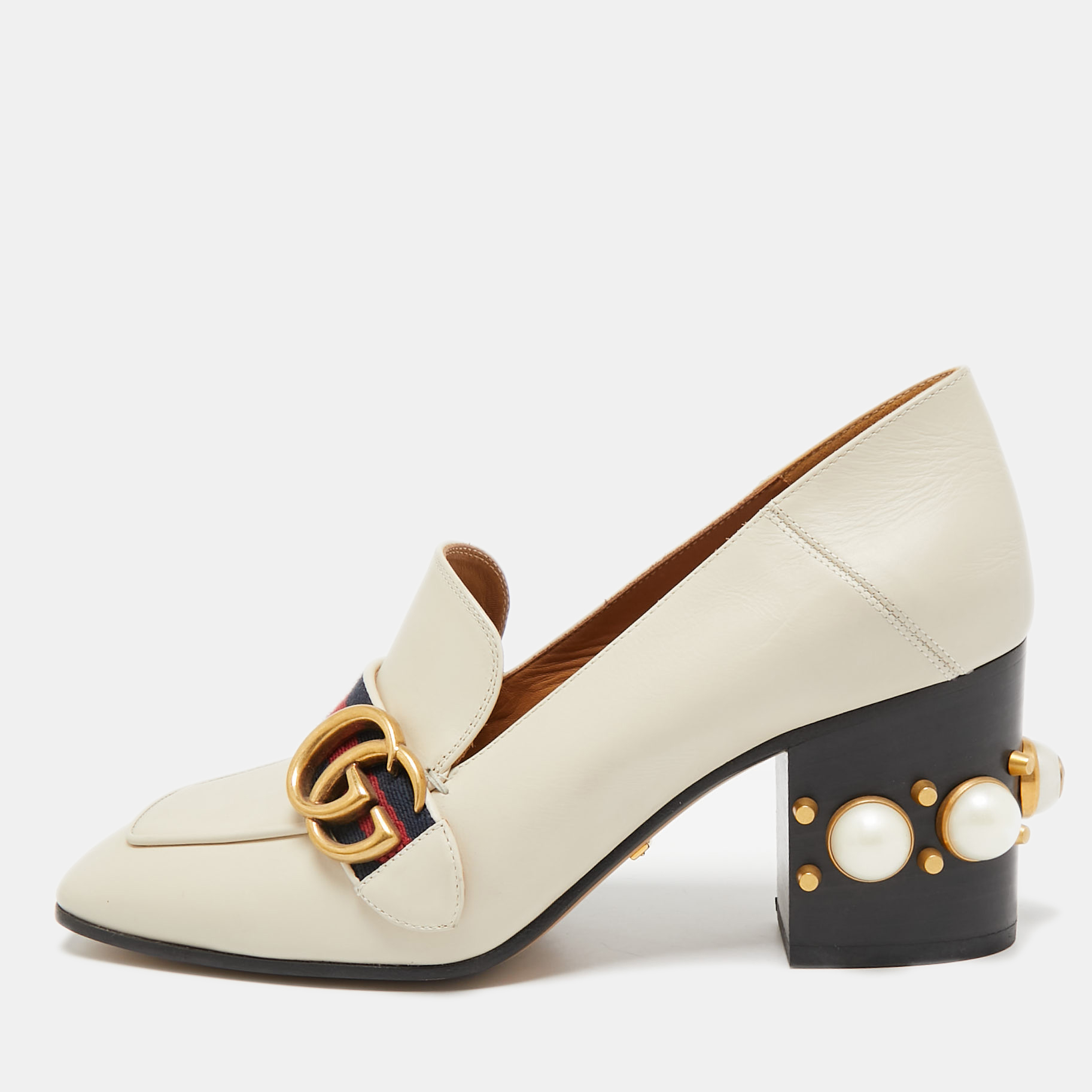 

Gucci Cream Leather Peyton GG Sylvie Pearl Studded Loafer Pumps Size