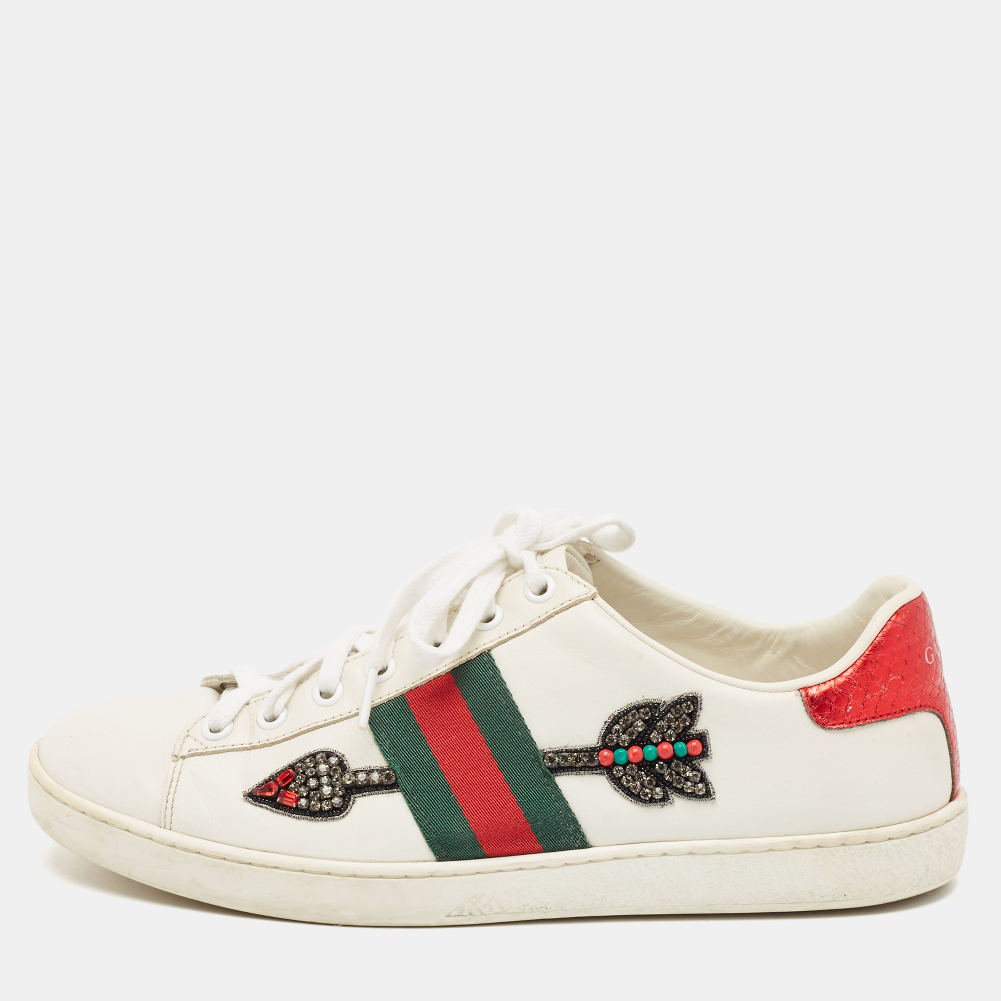 

Gucci White Leather and Python Embossed Leather Ace Low Top Sneakers Size