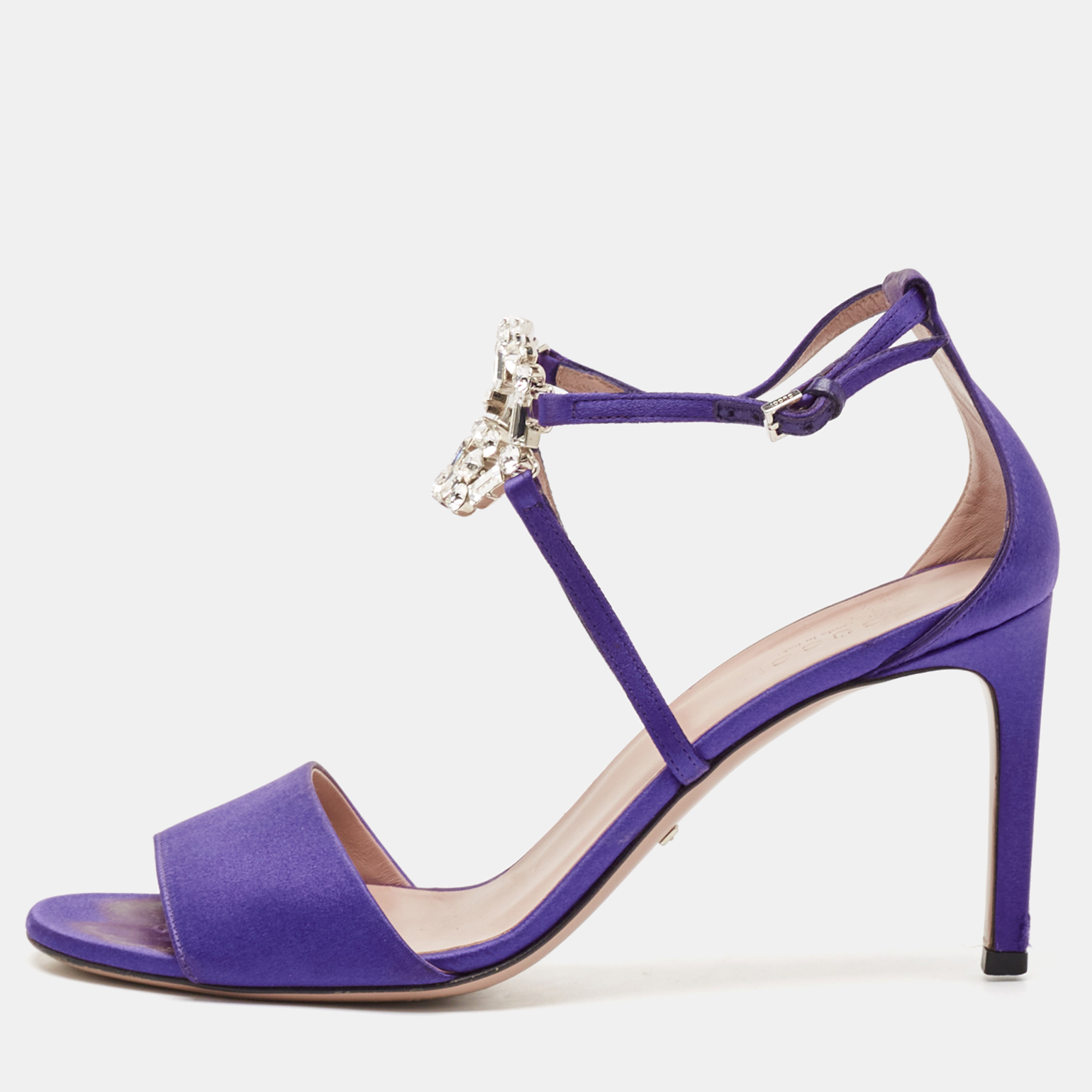 

Gucci Purple Satin Crystal Embellished Interlocking G Ankle Strap Sandals Size