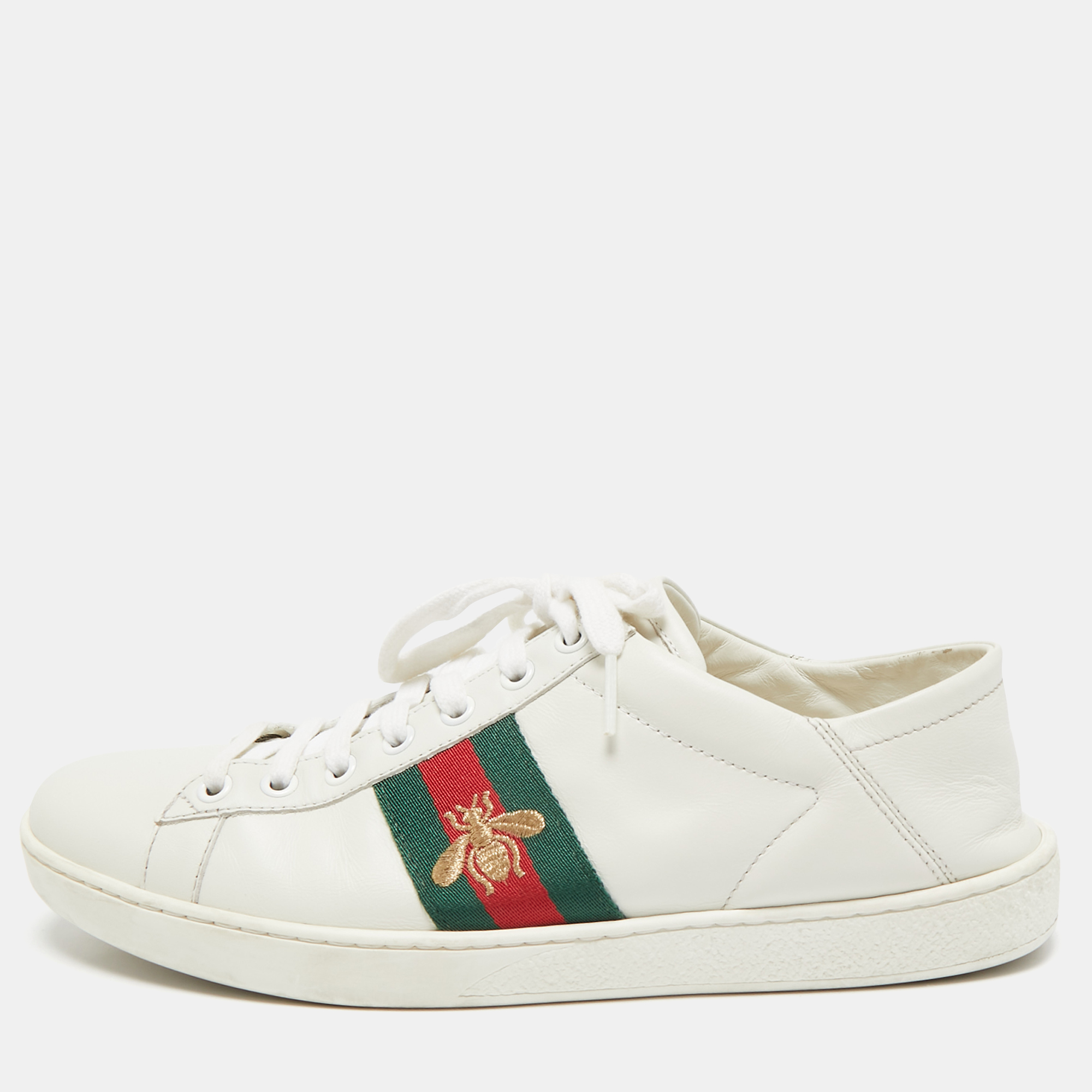 

Gucci White Leather Ace Bee Embroidered Low Top Sneakers Size