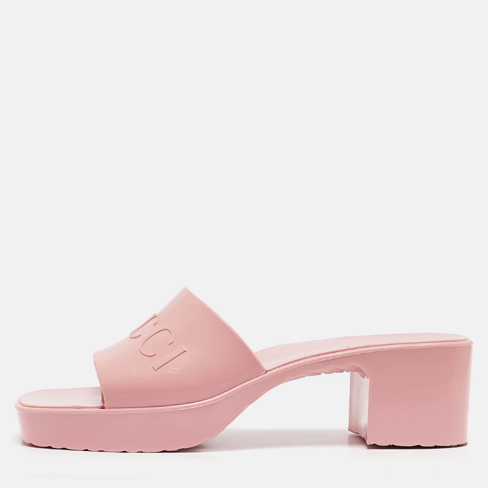 

Gucci Pink Rubber Logo Embossed Platform Slide Sandals Size