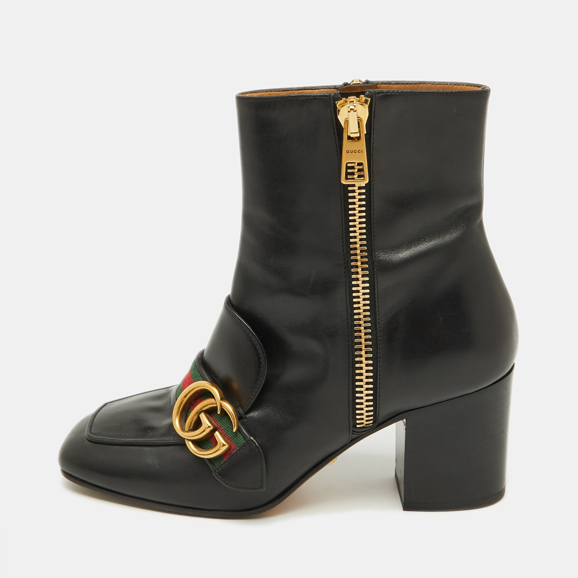 

Gucci Black Leather GG Web Detail High Ankle Boots Size