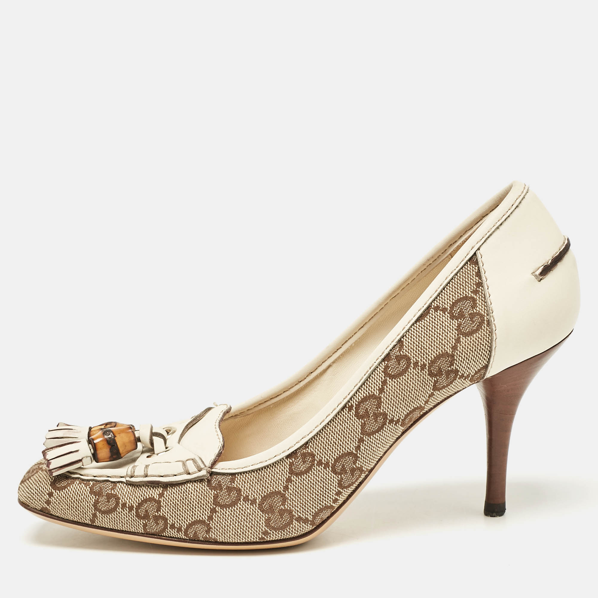 

Gucci Brown/Cream Monogram Canvas and Leather Loafer Pumps Size