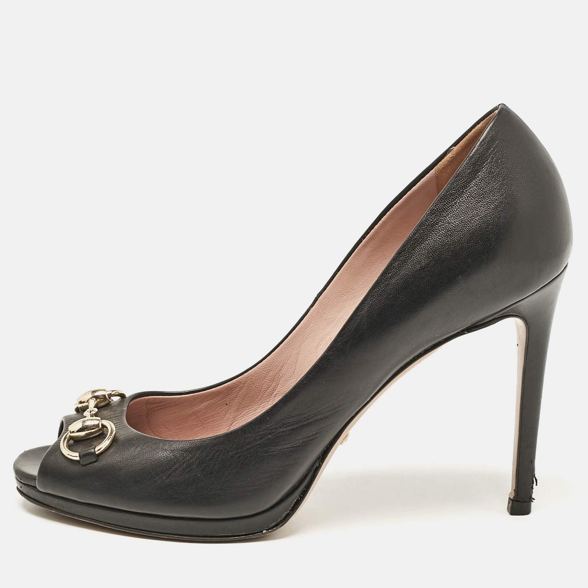 

Gucci Black Leather New Hollywood Peep Toe Pumps Size