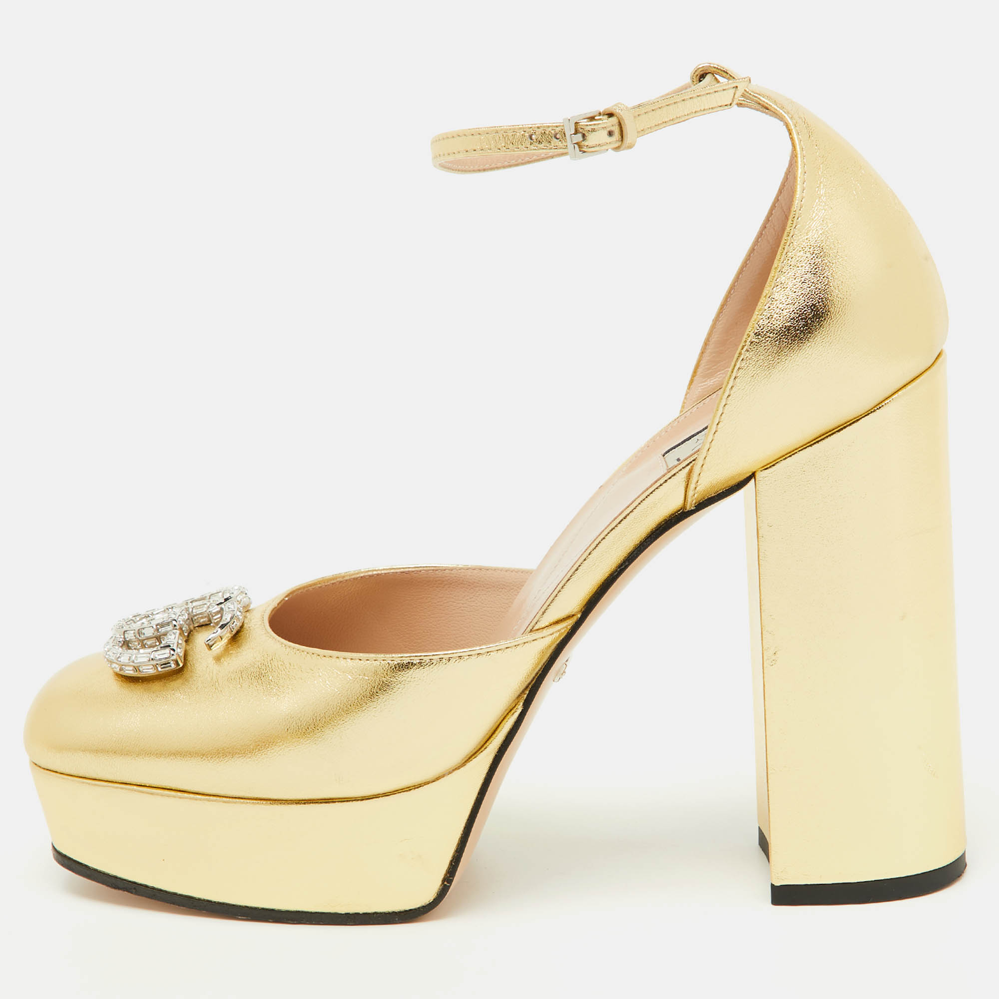 

Gucci Gold Leather Double G Crystal Platform Block Heel Ankle Strap Sandals Size