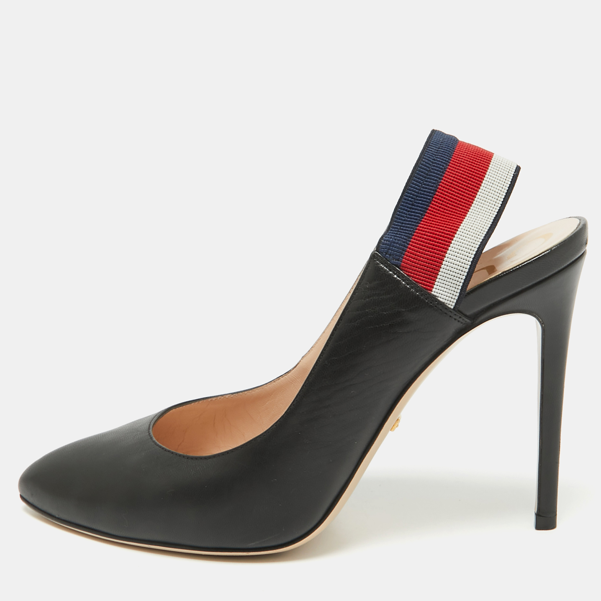 

Gucci Black Leather Sylvie Web Detail Slingback Pumps Size