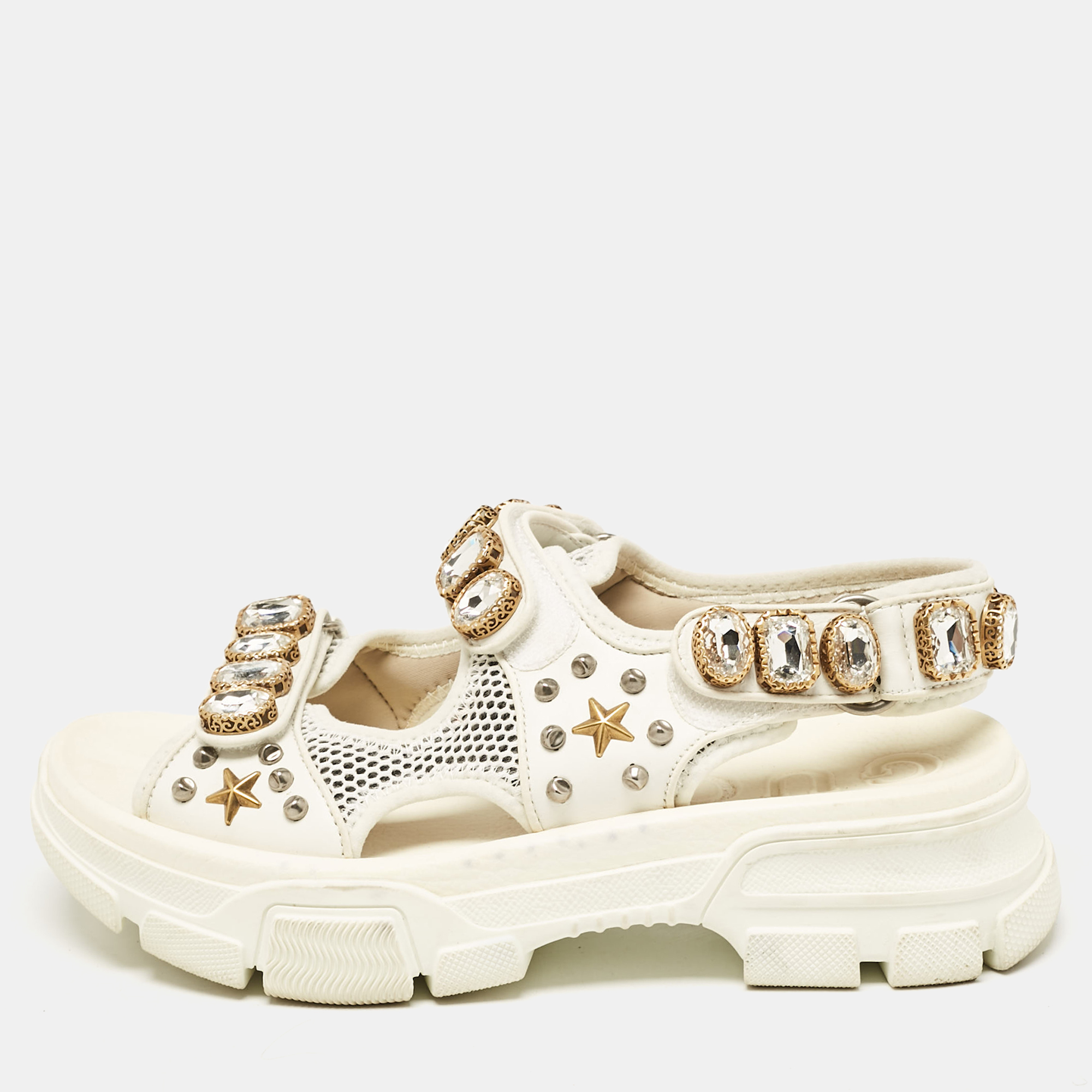 

Gucci Off White Leather and Mesh Crystal Embellished Aguru Sandals Size