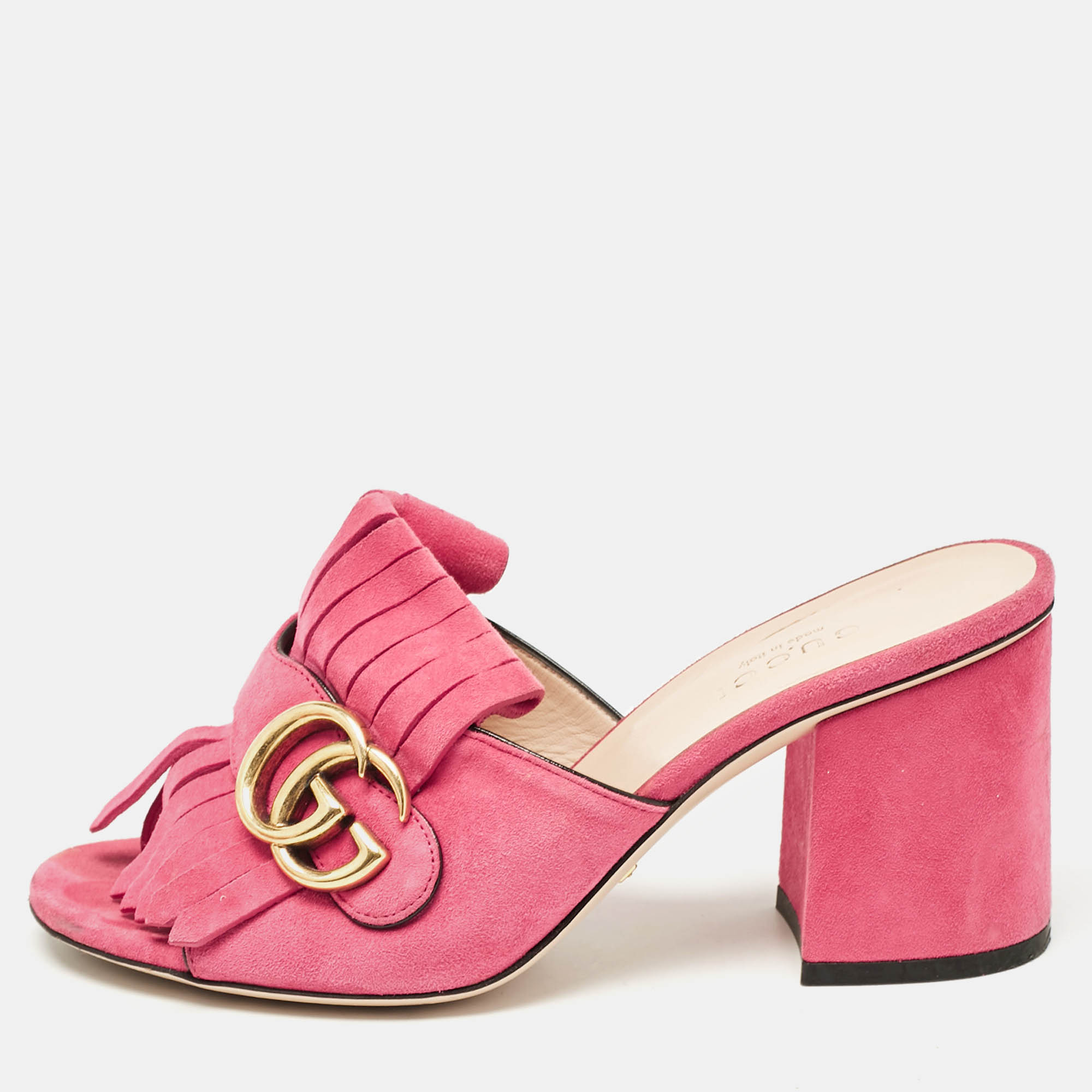 

Gucci Pink Suede Double G Fringe Details Block Heel Slide Sandals Size